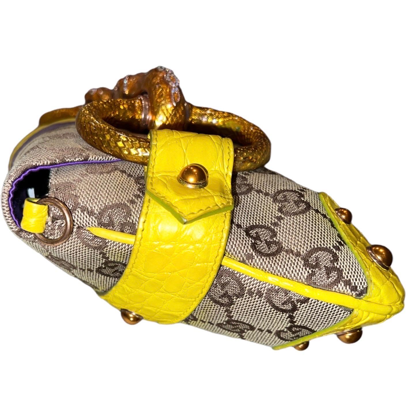 Gucci by Tom Ford 2004 XL Monogram Jeweled Snake Head Horsebit Bamboo Clutch Bag 2
