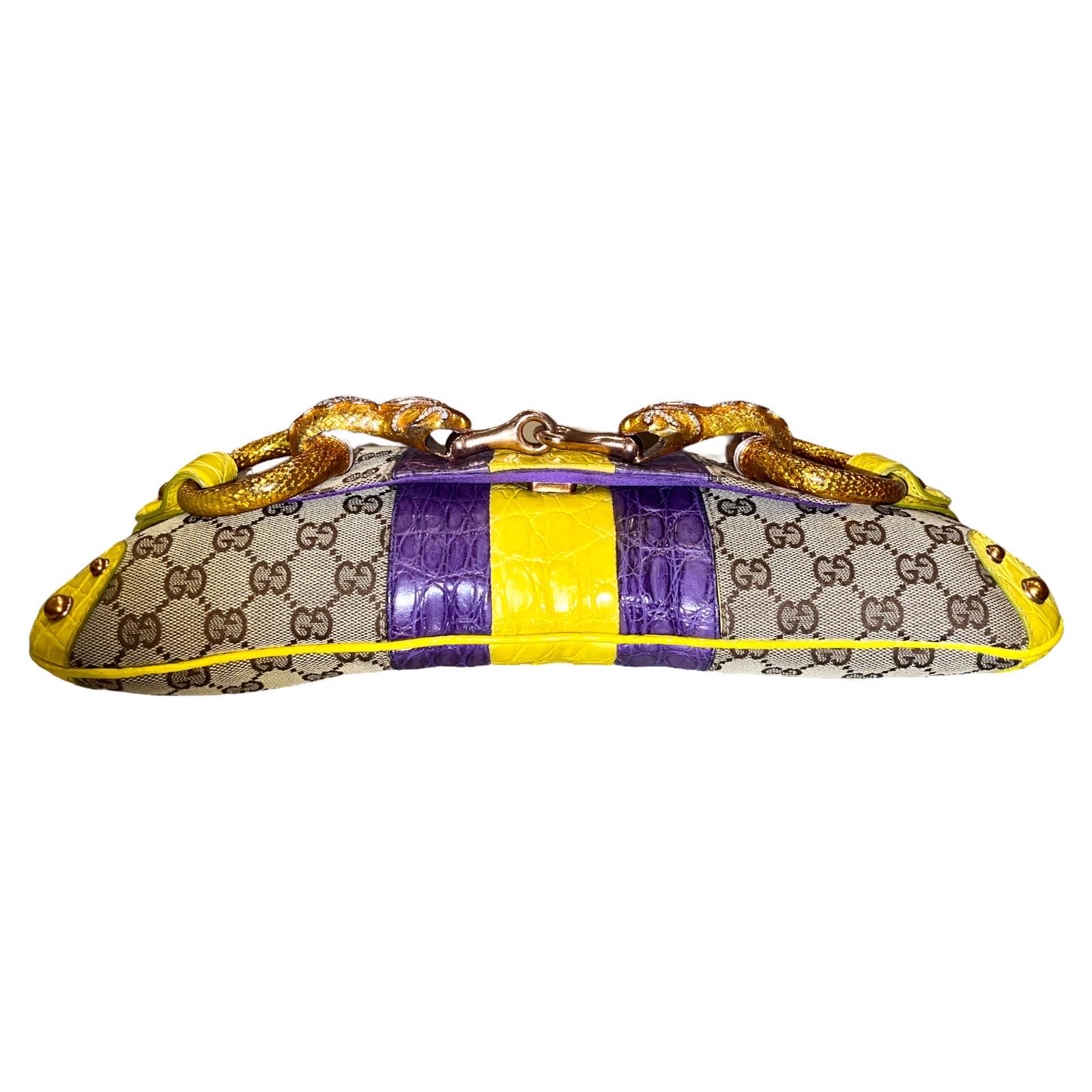 Brown Gucci by Tom Ford 2004 XL Monogram Jeweled Snake Head Horsebit Bamboo Clutch Bag