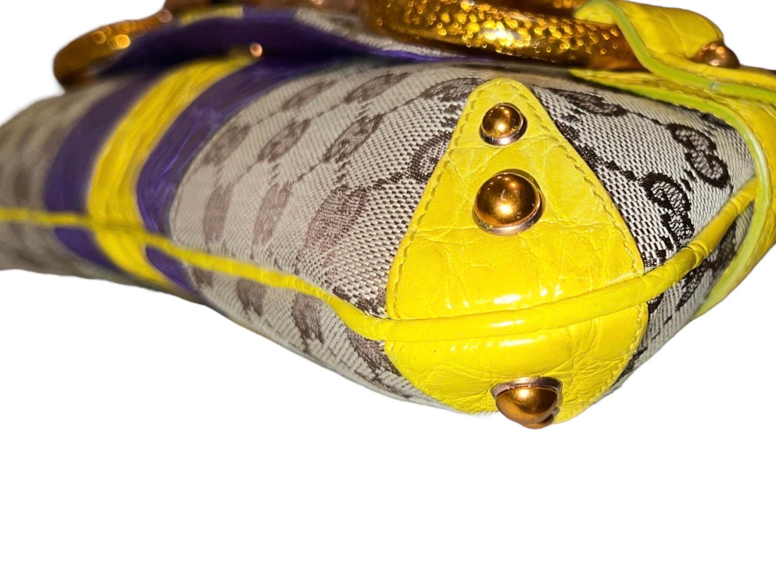 Gucci by Tom Ford 2004 XL Monogram Jeweled Snake Head Horsebit Bamboo Clutch Bag In Good Condition In Switzerland, CH
