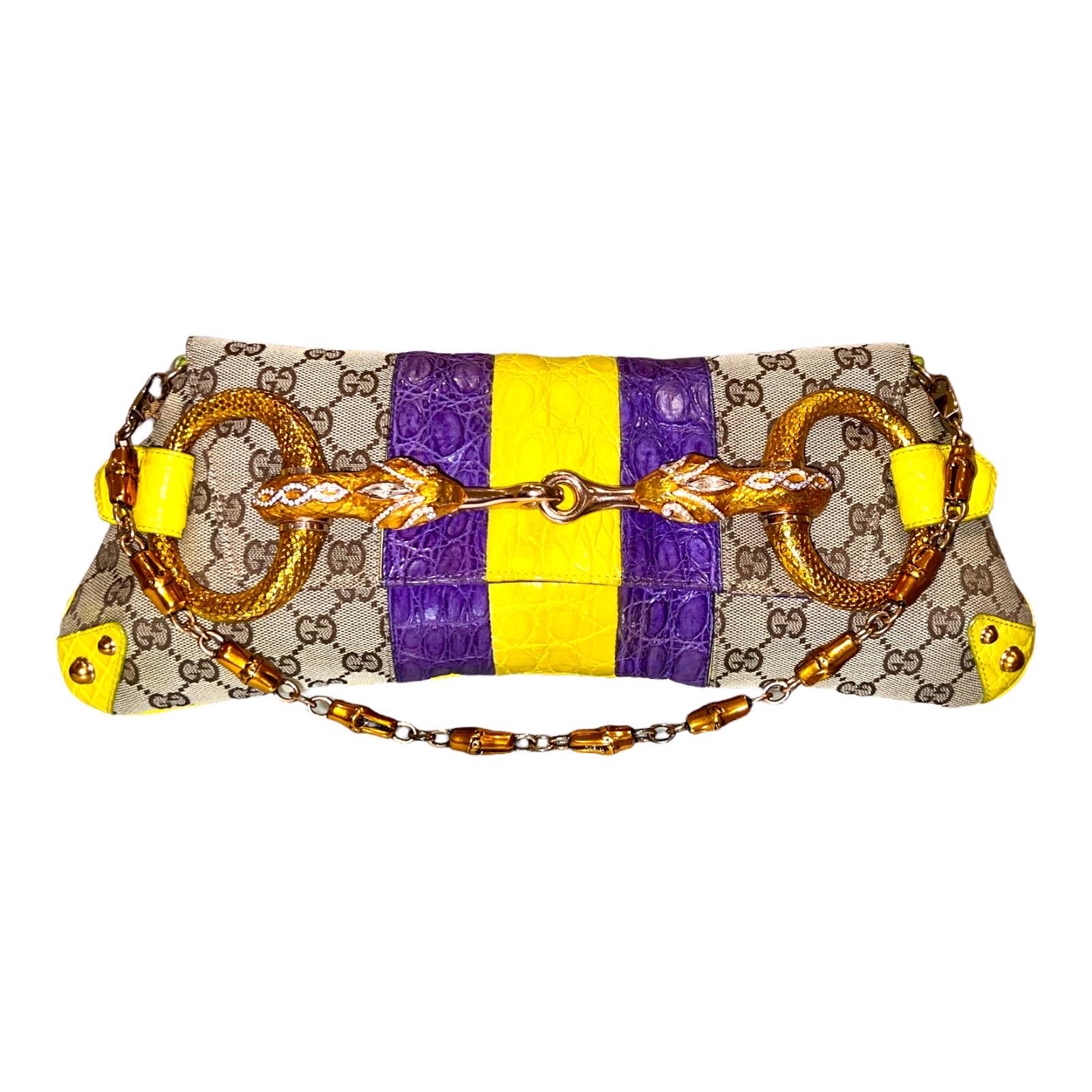 Gucci by Tom Ford 2004 XL Monogram Jeweled Snake Head Horsebit Bamboo Clutch Bag