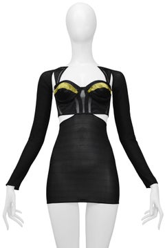 Gucci Black Cut Out Top With Sheer Sleeves & Gold Velvet Detail 2005