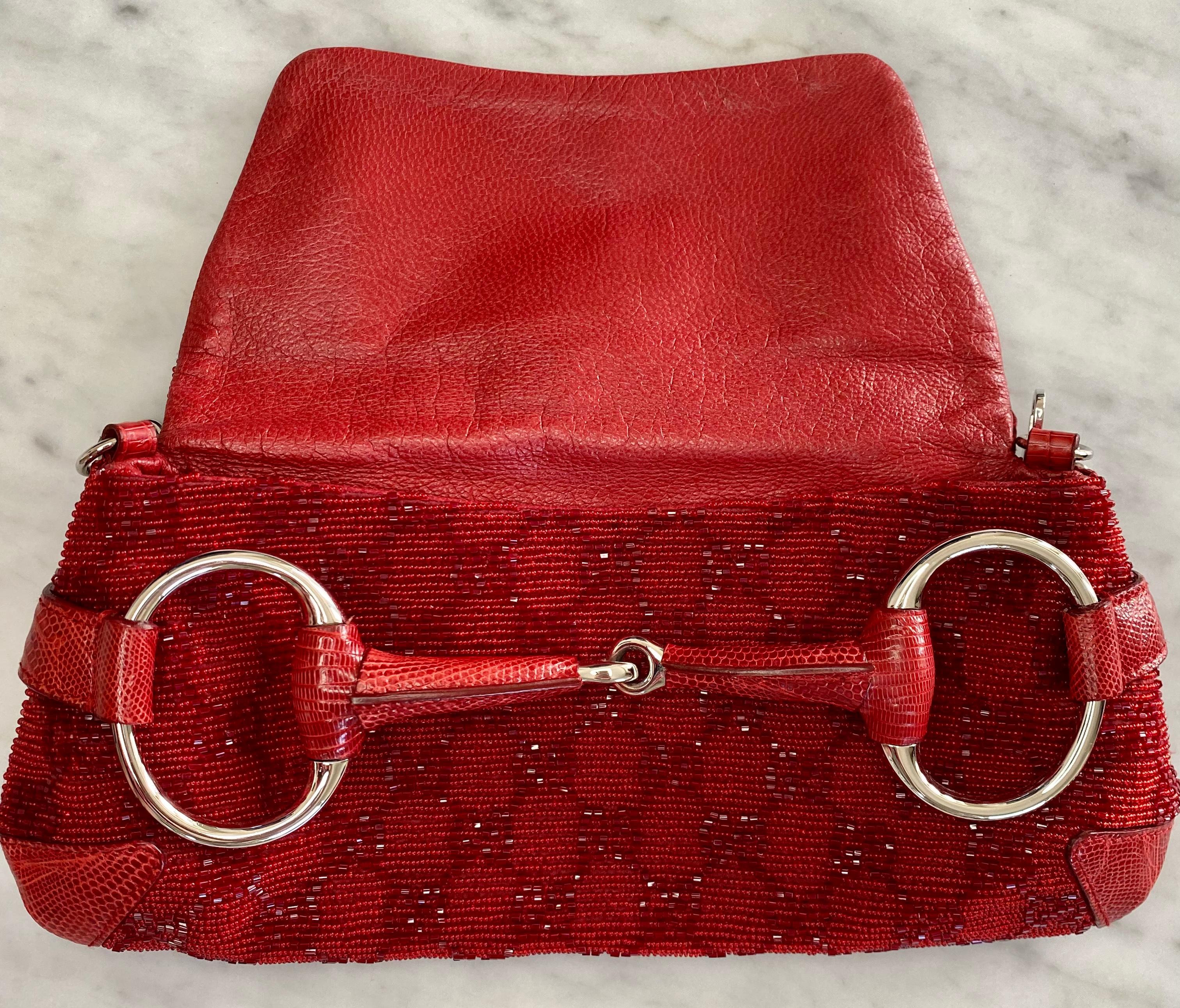 Gucci by Tom Ford Beaded GG Red Horsebit Convertible Chain Clutch Lizard In Excellent Condition In West Hollywood, CA