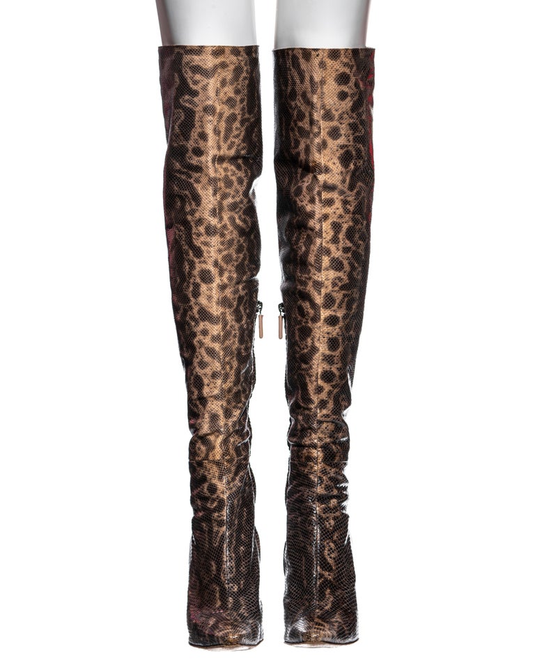 Women's Gucci by Tom Ford beige and brown lizard over the knee boots, fw 1999 For Sale