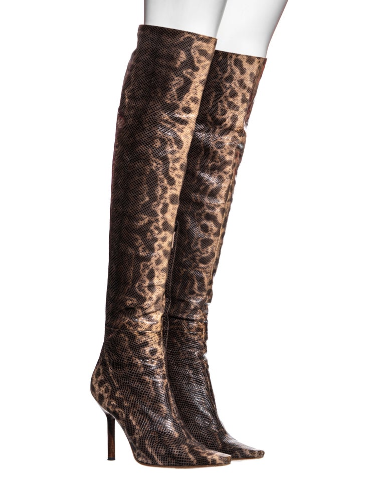 Gucci by Tom Ford beige and brown lizard over the knee boots, fw 1999 For Sale 1