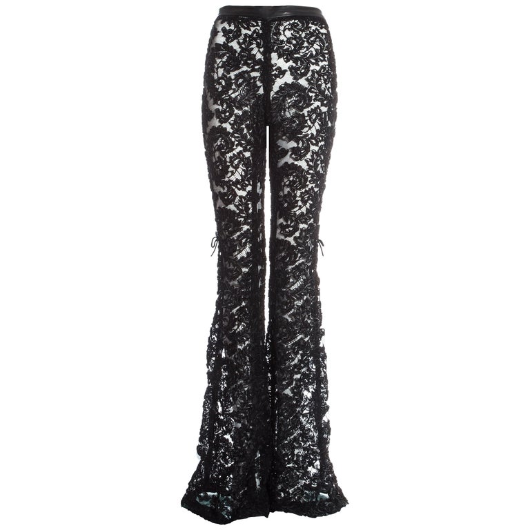 Gucci by Tom Ford black embroidered lace and mesh flared evening pants ...