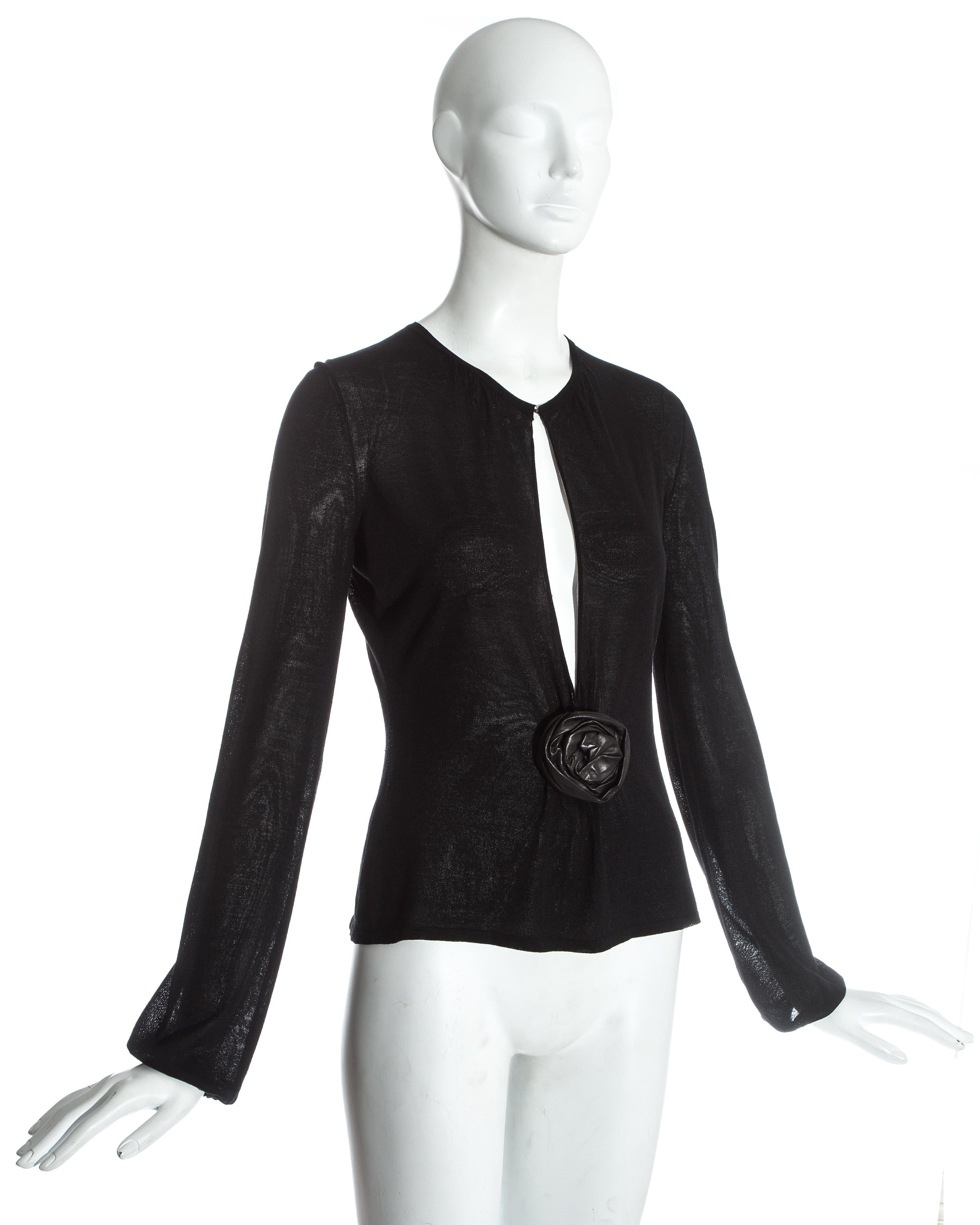 Black Gucci by Tom Ford black knitted evening blouse with leather rose, fw 1999
