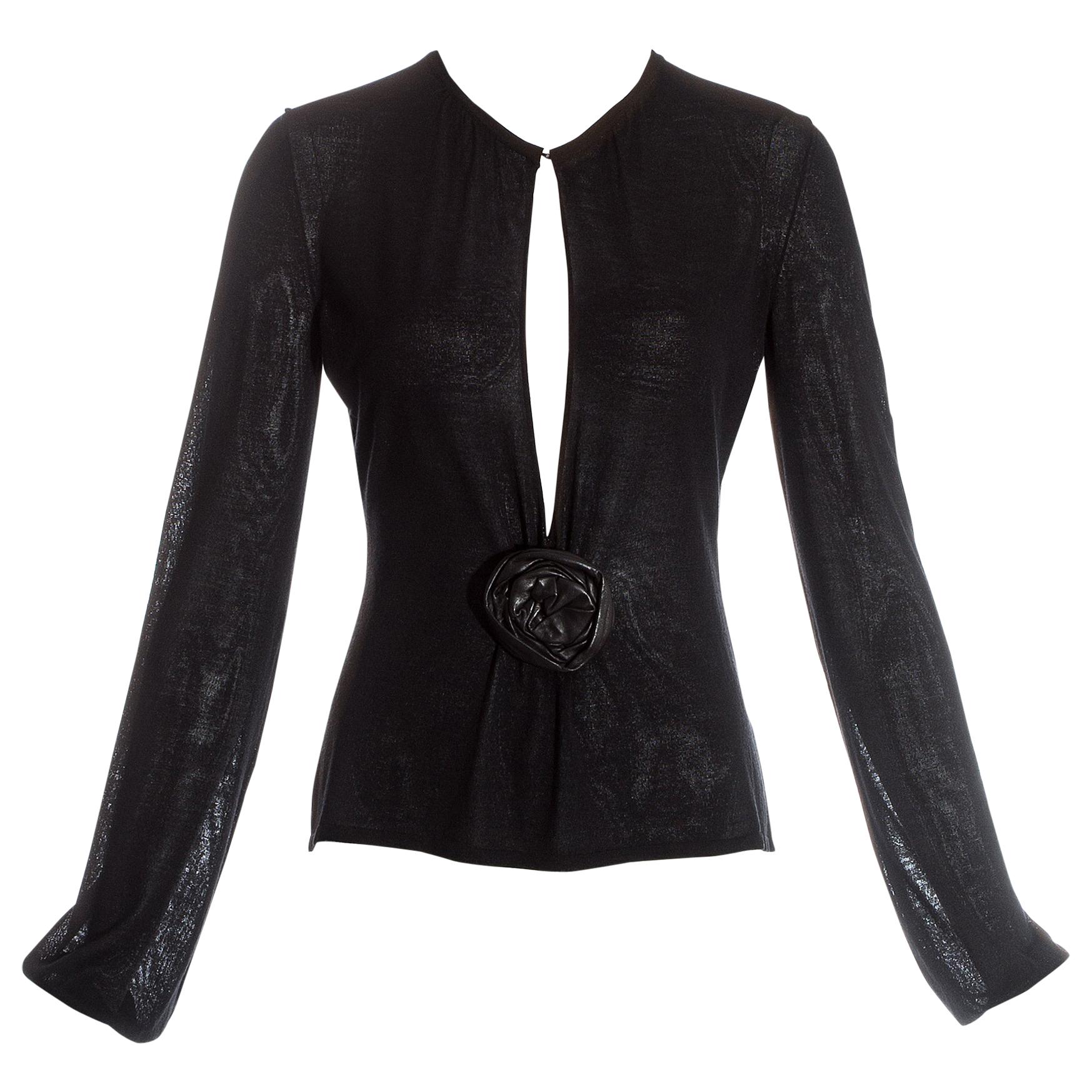 Gucci by Tom Ford black knitted evening blouse with leather rose, fw 1999