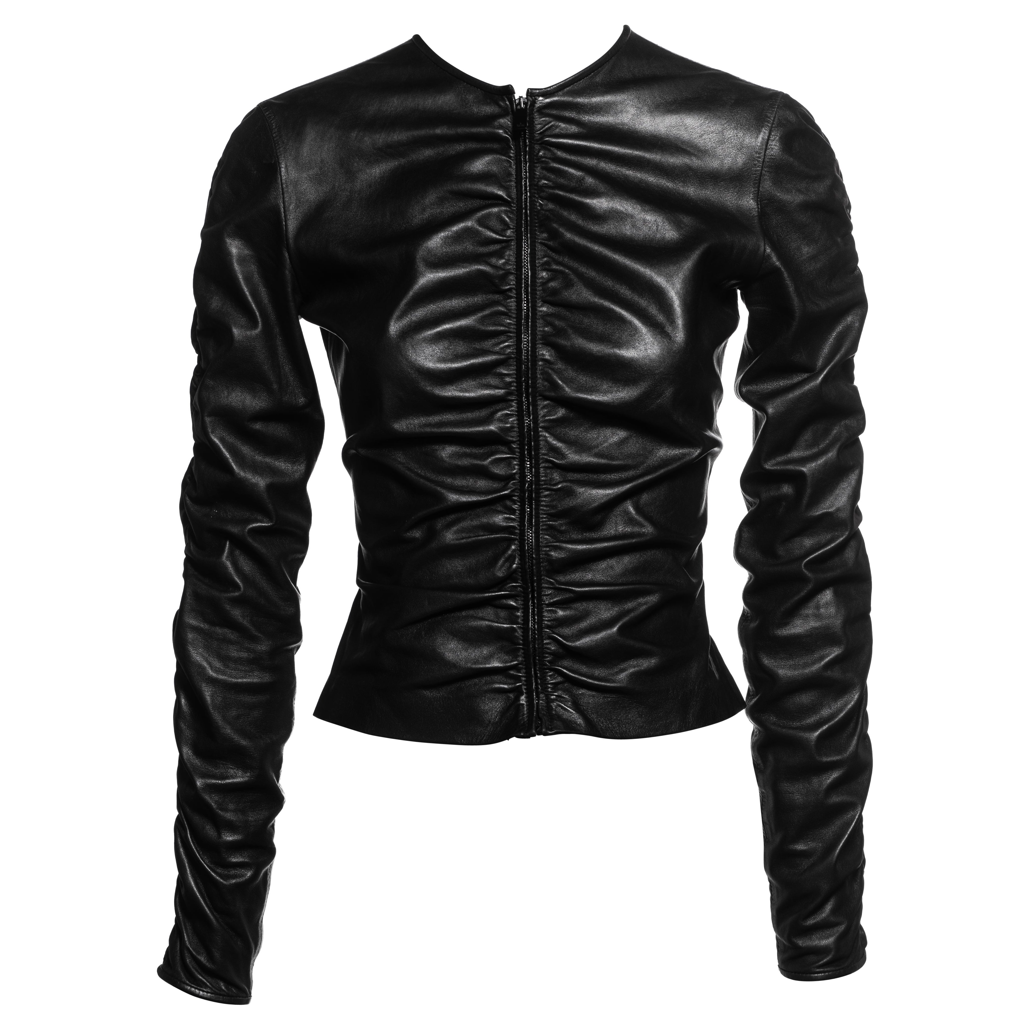 Gucci by Tom Ford Black Lambskin Leather Ruched Fitted Jacket, FW 1999