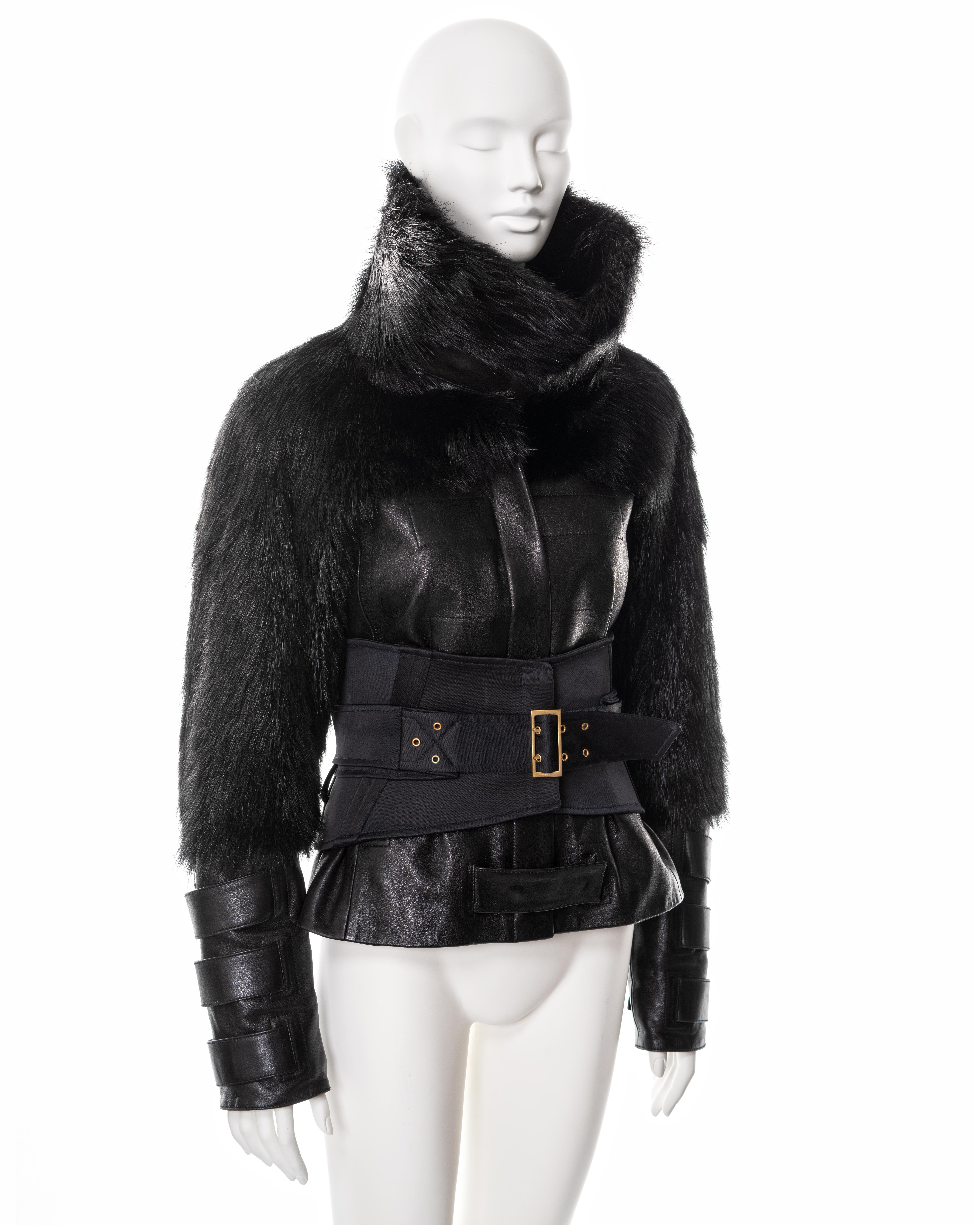 Women's Gucci by Tom Ford black leather and fur jacket with corset, fw 2003 For Sale