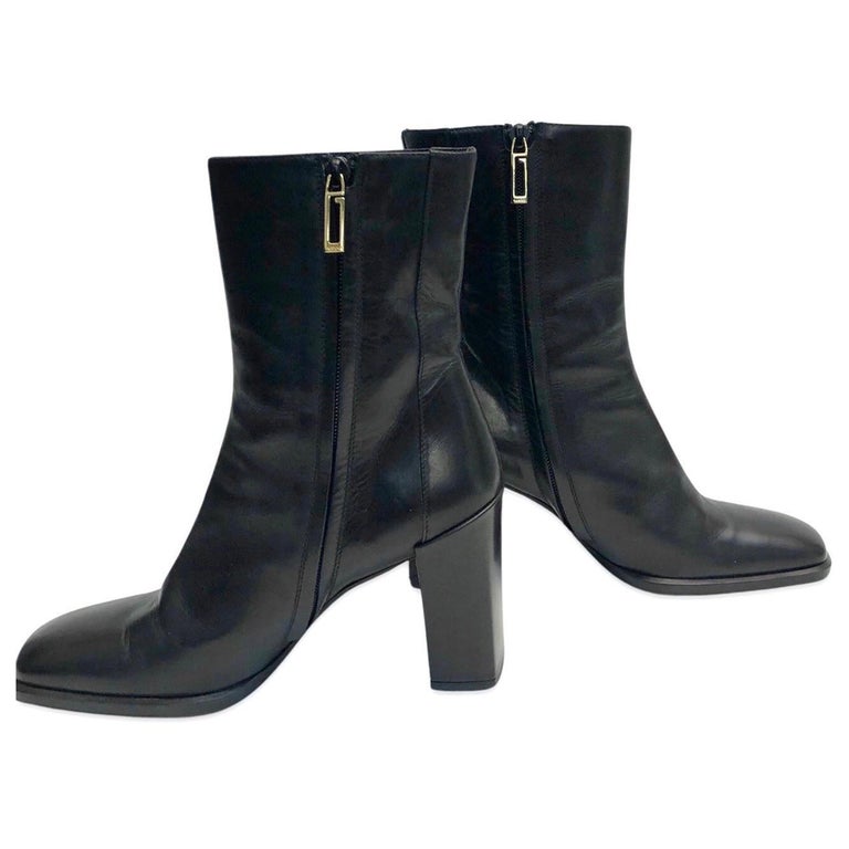 Gucci by Tom Ford Black Leather Square Toe Ankle Boots For Sale at 