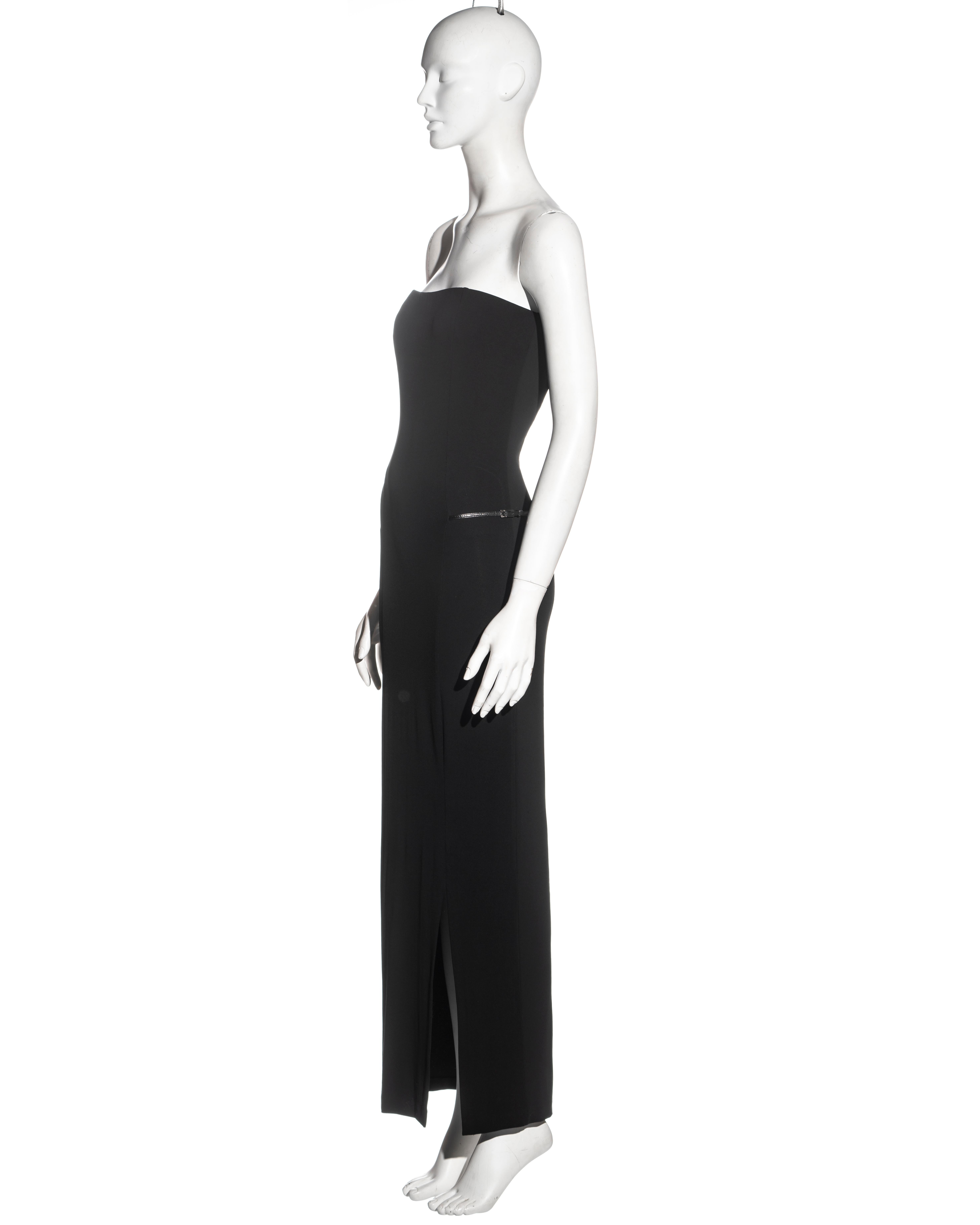 Black Gucci by Tom Ford black rayon and leather strapless evening dress, ss 1998 For Sale