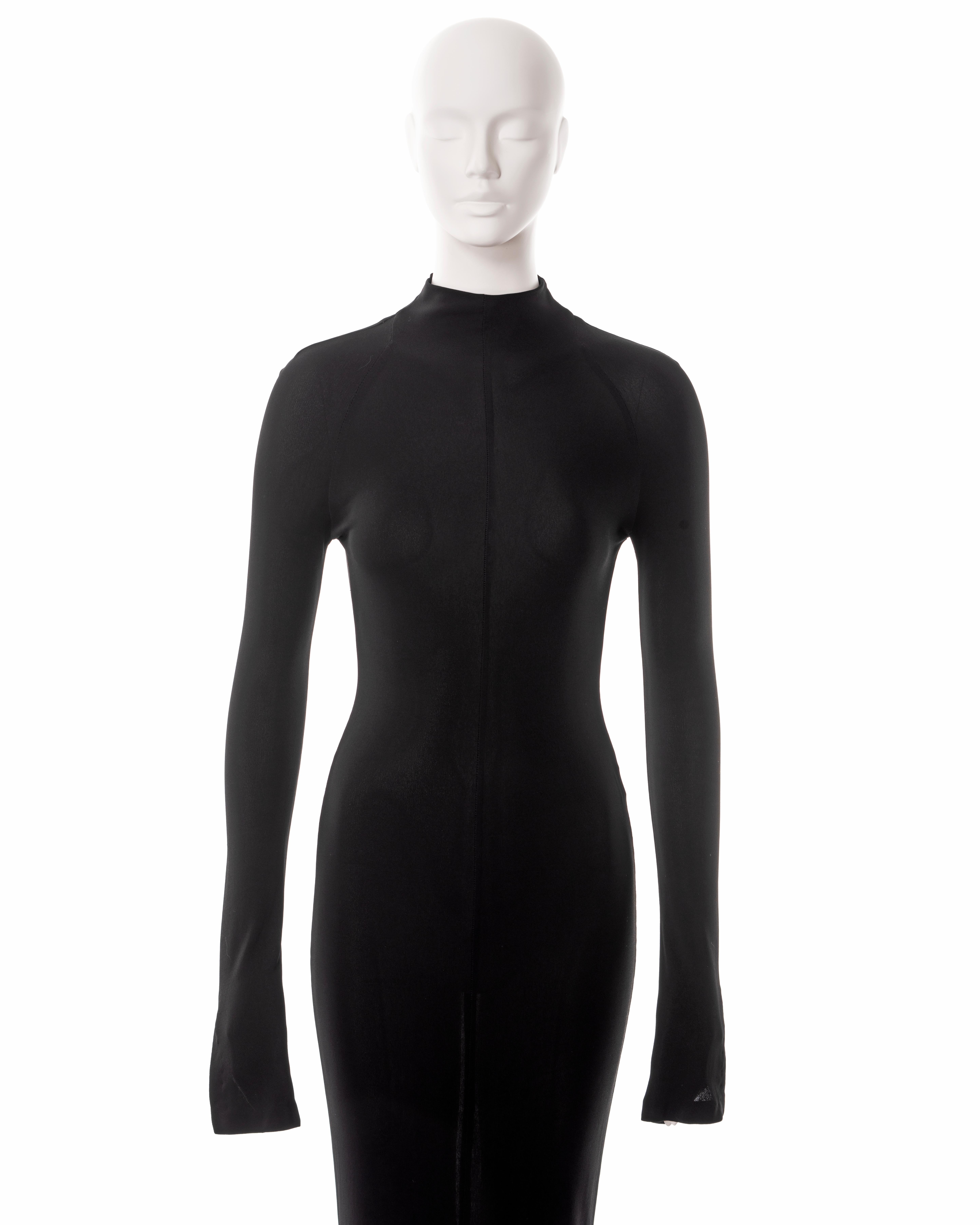 Gucci by Tom Ford black rayon jersey long sleeve bodycon maxi dress, ss 1998 1