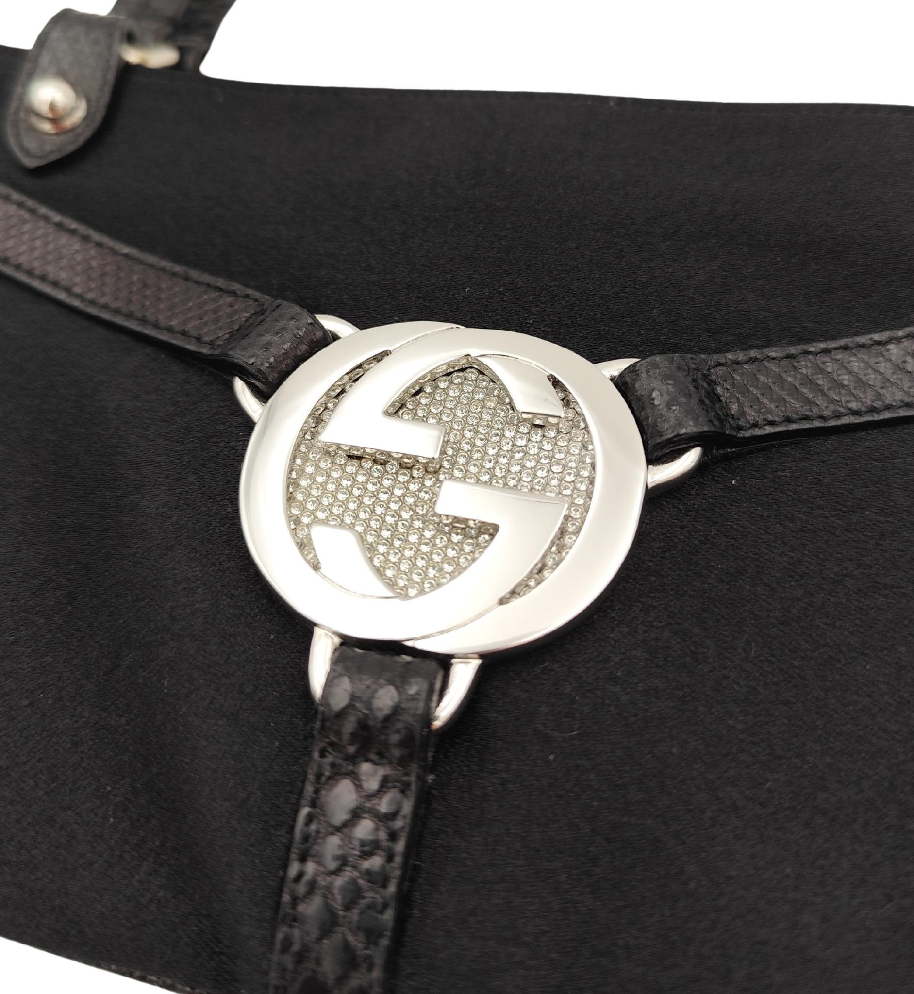 Black Gucci by Tom Ford black silk and lizard rhinestones logo Reins thong mini bag For Sale
