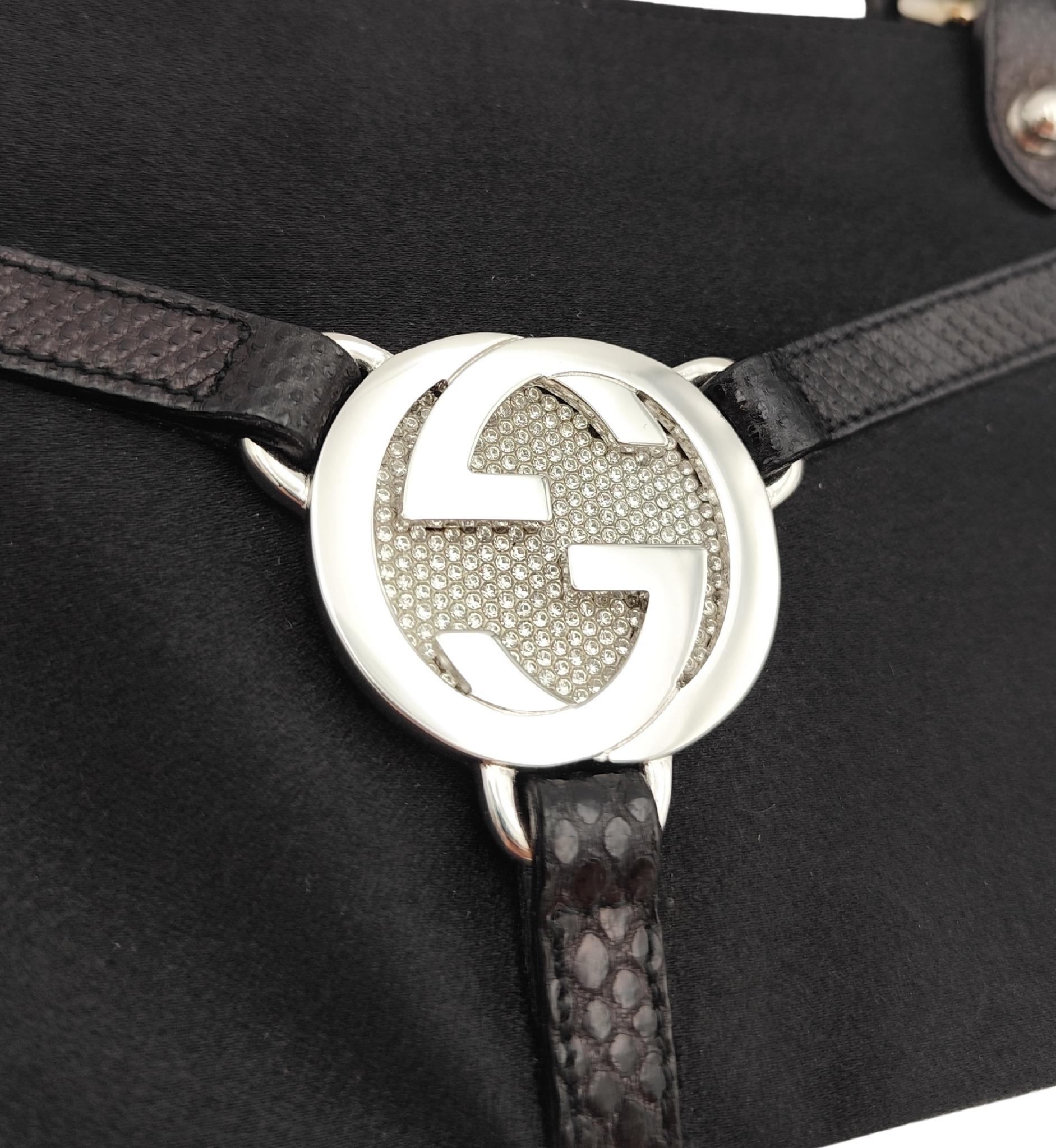 Gucci by Tom Ford black silk and lizard rhinestones logo Reins thong mini bag In Good Condition For Sale In Milano, IT