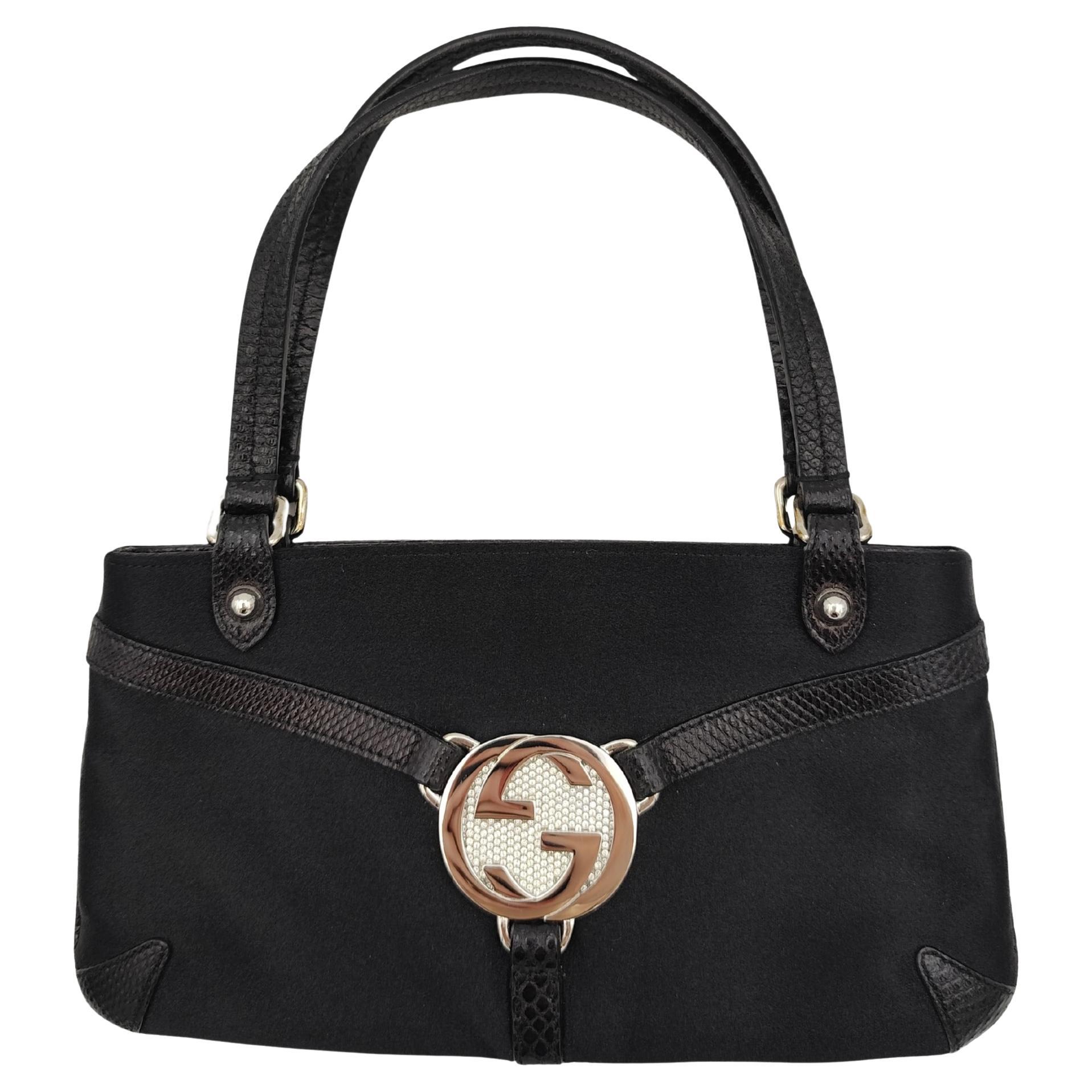 Gucci by Tom Ford black silk and lizard rhinestones logo Reins thong mini bag For Sale