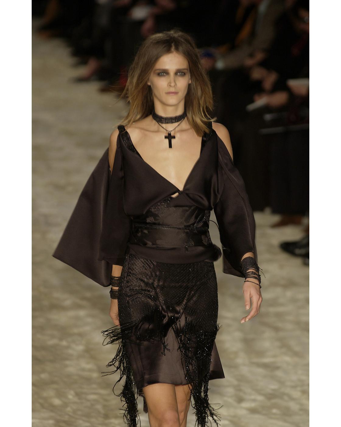 Black Gucci by Tom Ford black silk low plunge dress with beaded net overlay, fw 2002