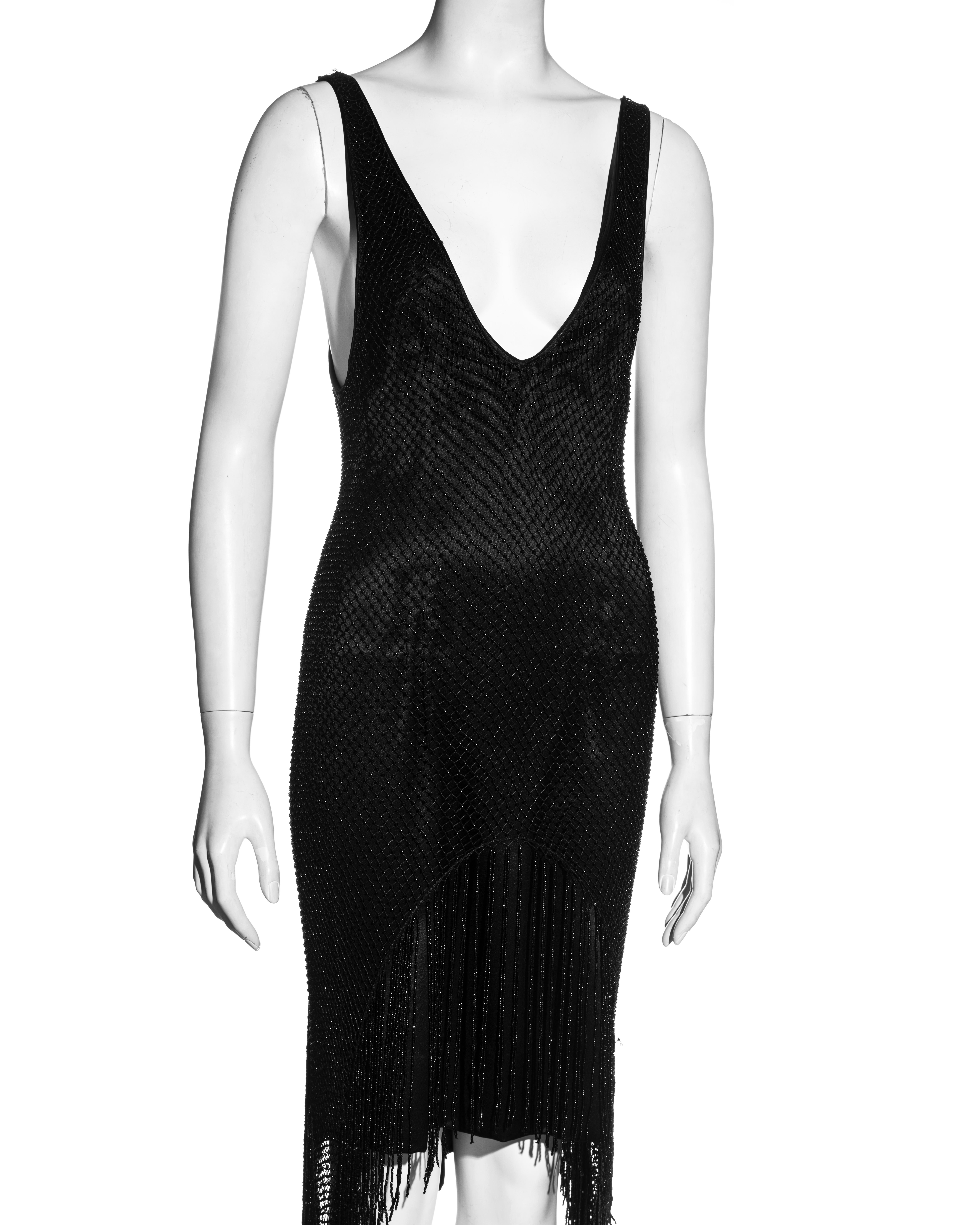 Women's Gucci by Tom Ford black silk low plunge dress with beaded net overlay, fw 2002