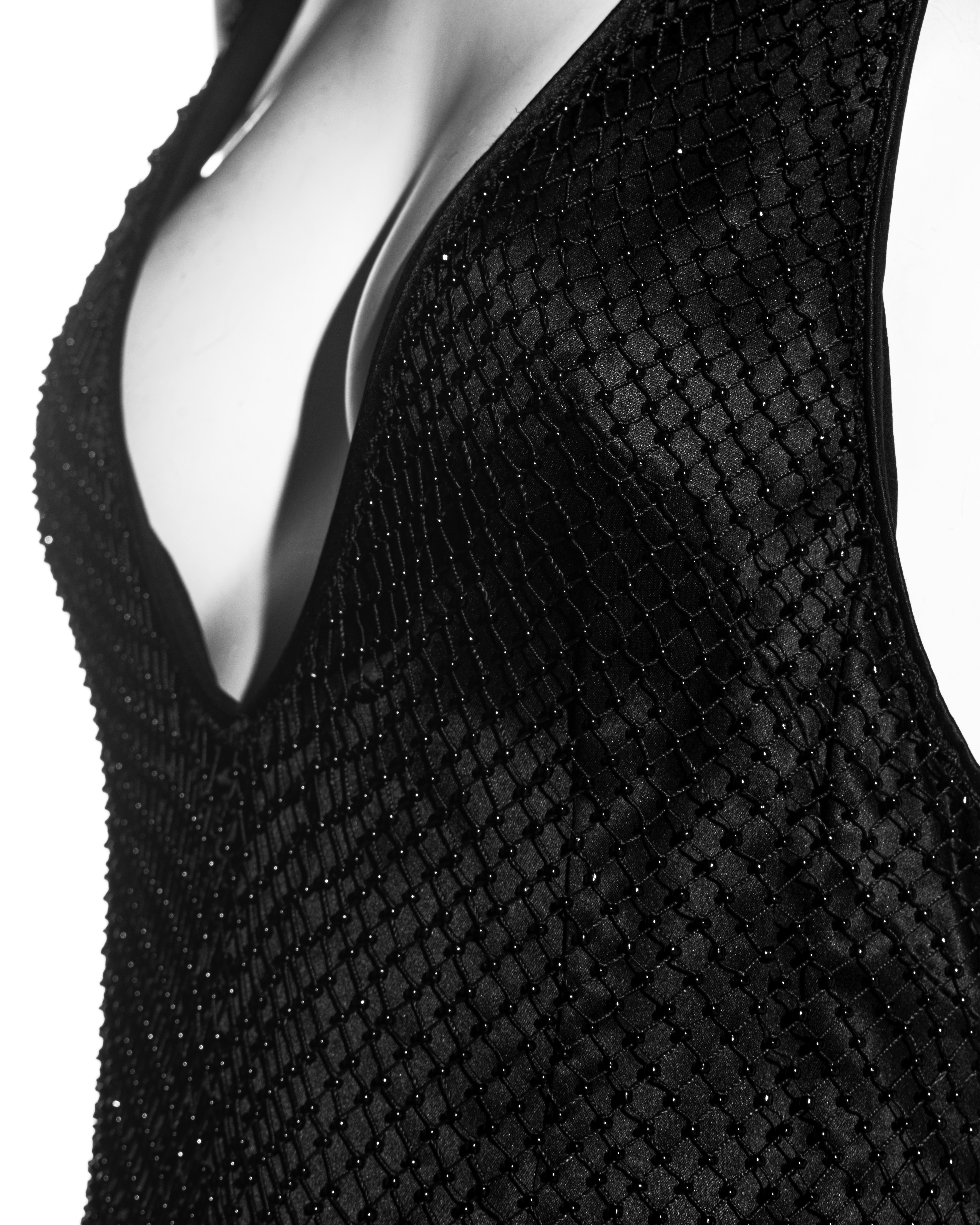 Gucci by Tom Ford black silk low plunge dress with beaded net overlay, fw 2002 For Sale 1