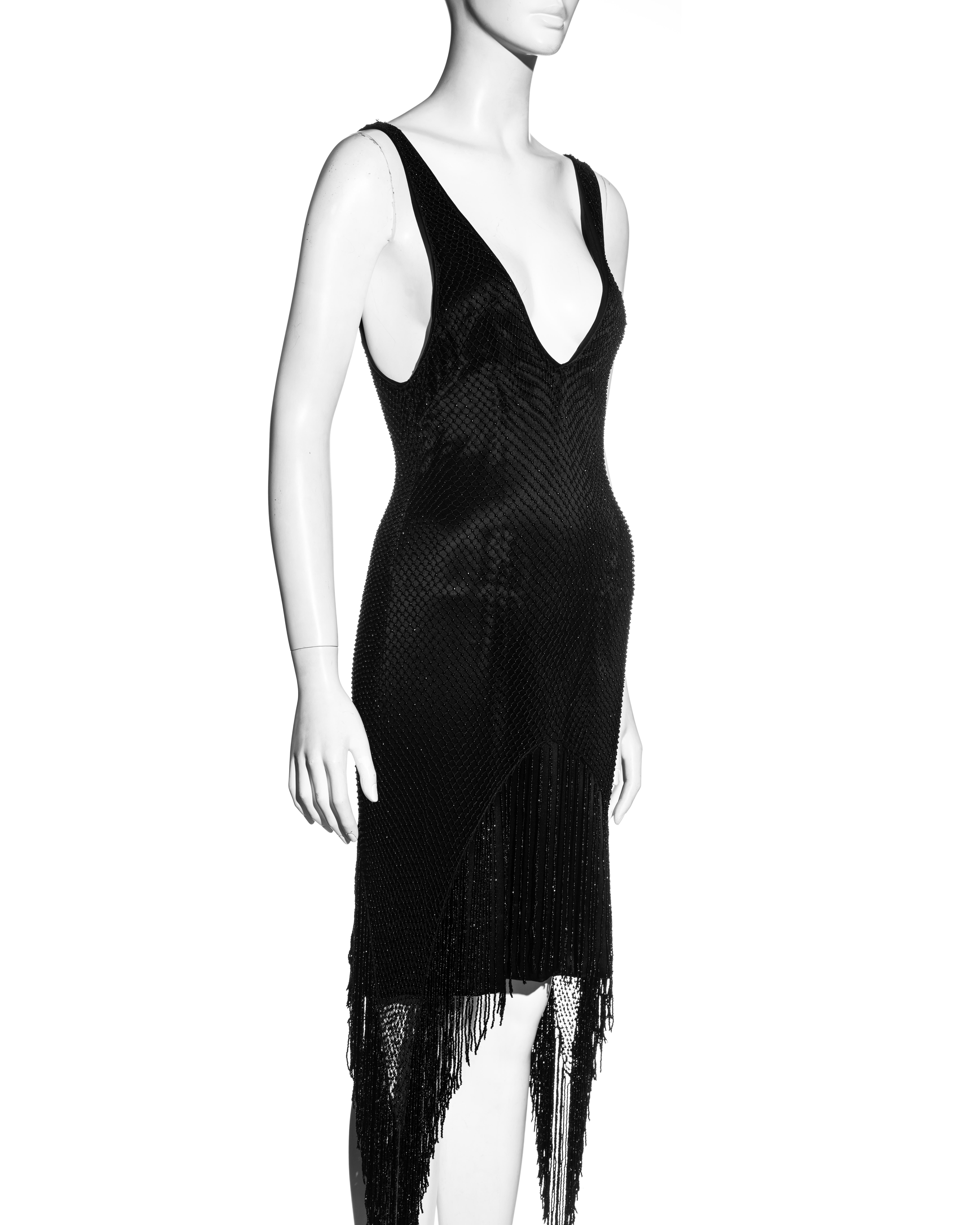 Gucci by Tom Ford black silk low plunge dress with beaded net overlay, fw 2002 For Sale 4