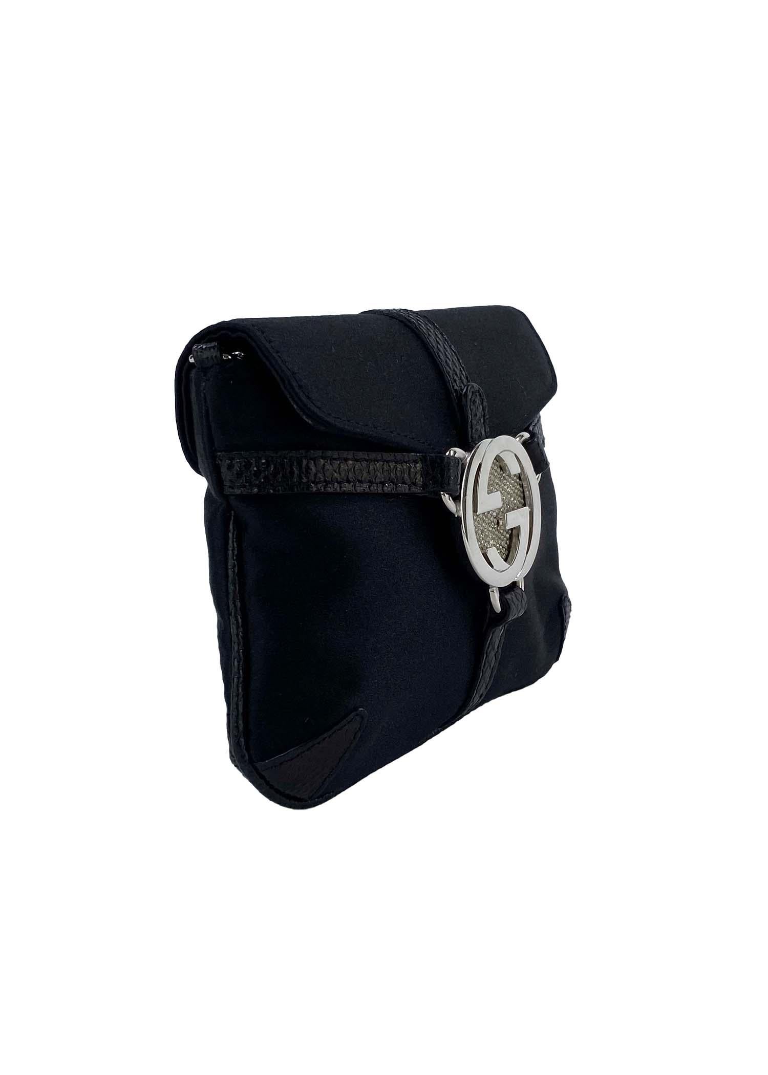 2000s Gucci by Tom Ford Black Silk Rhinestone 'GG' Logo Thong Mini Crossbody Bag In Excellent Condition For Sale In West Hollywood, CA