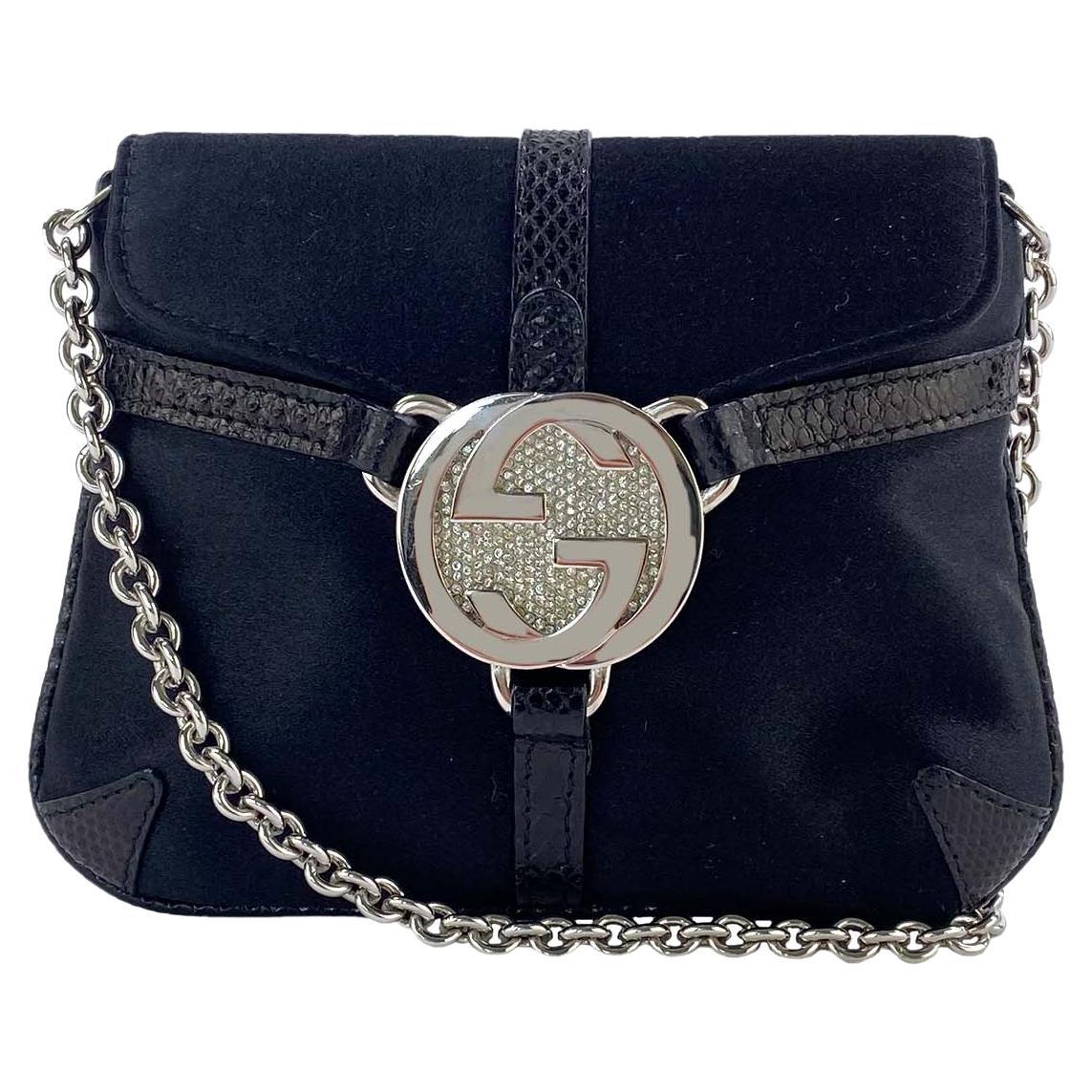 Gucci by Tom Ford Black Silk Rhinestone 'GG' Logo Reins Thong Mini Crossbody Bag