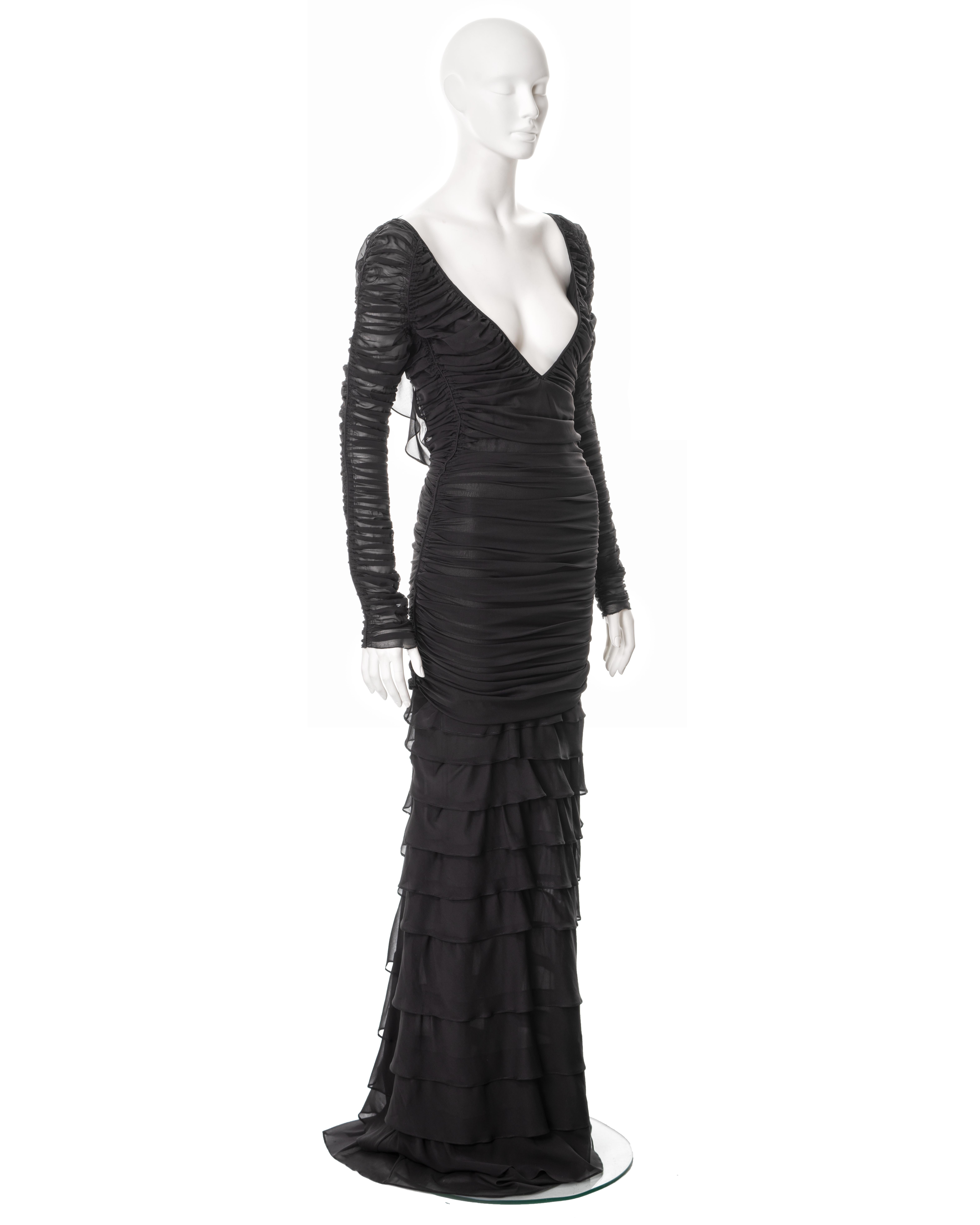 Gucci by Tom Ford black silk ruched evening dress with tired skirt, ss 2003 For Sale 7