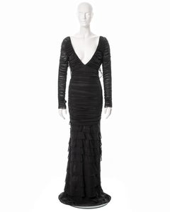 Gucci by Tom Ford black silk ruched evening dress with tired skirt, ss 2003