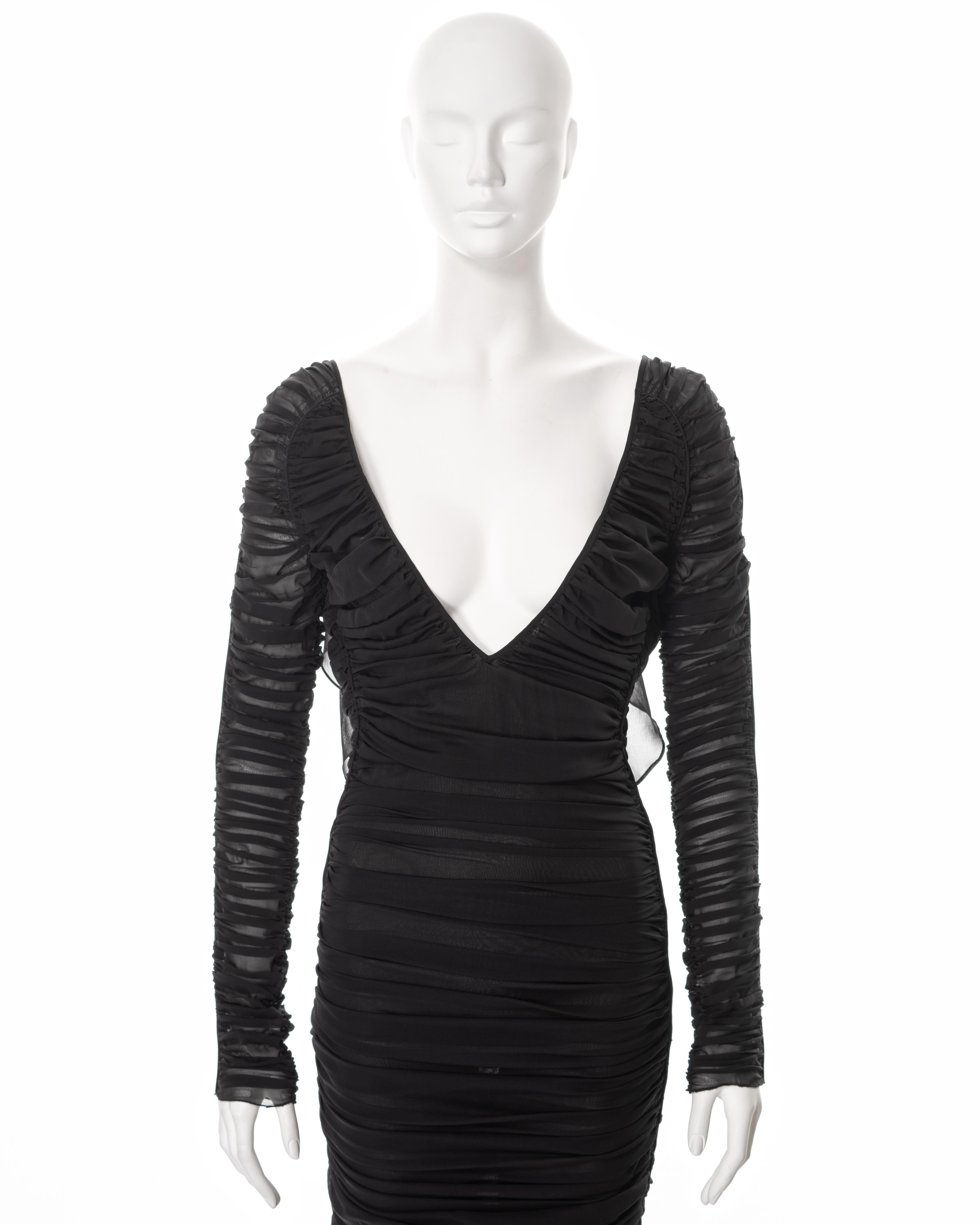 Black Gucci by Tom Ford black silk ruched evening dress with tired skirt, ss 2003 For Sale
