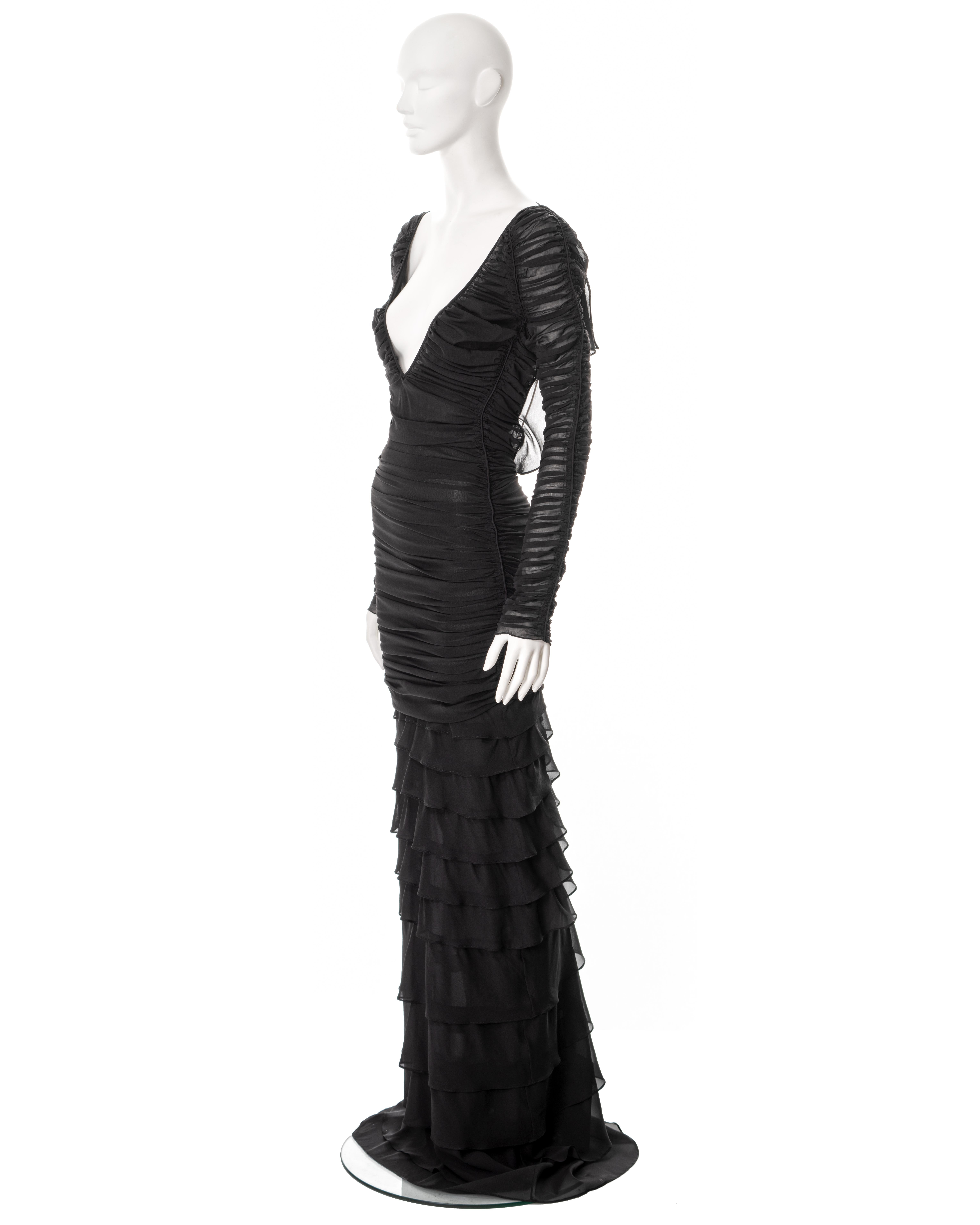 Women's Gucci by Tom Ford black silk ruched evening dress with tired skirt, ss 2003 For Sale