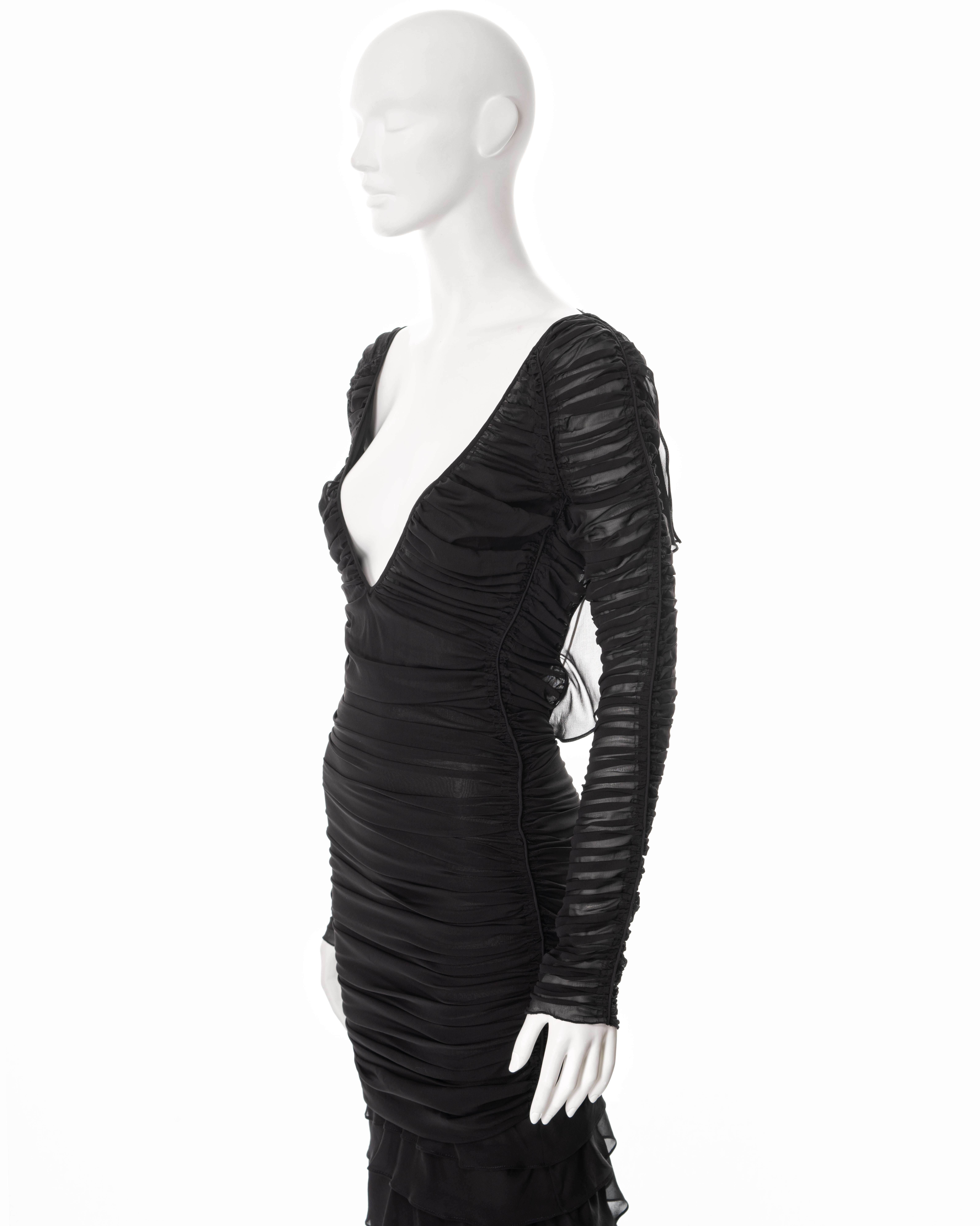 Women's Gucci by Tom Ford black silk ruched evening dress with tired skirt, ss 2003 For Sale