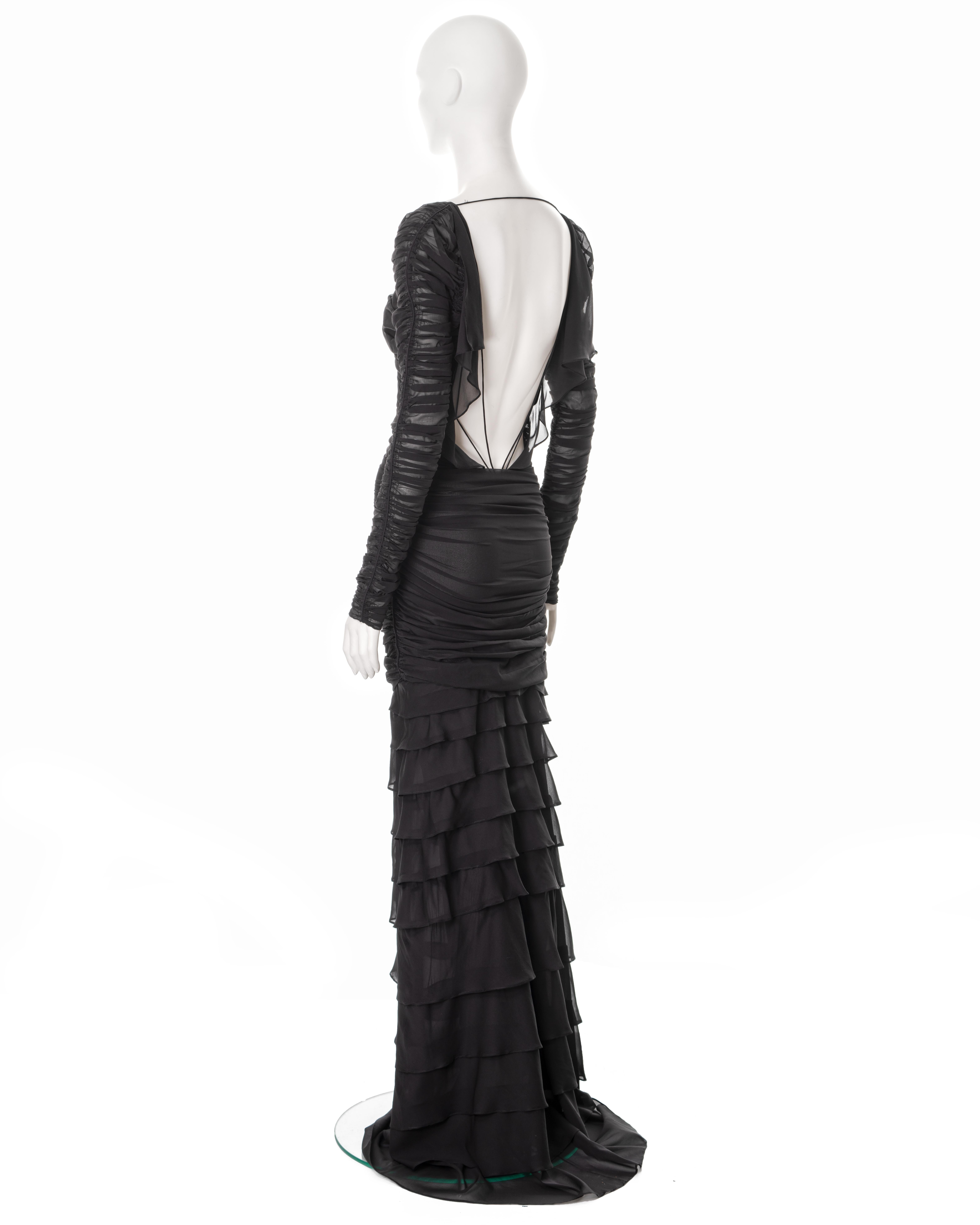 Gucci by Tom Ford black silk ruched evening dress with tired skirt, ss 2003 For Sale 3