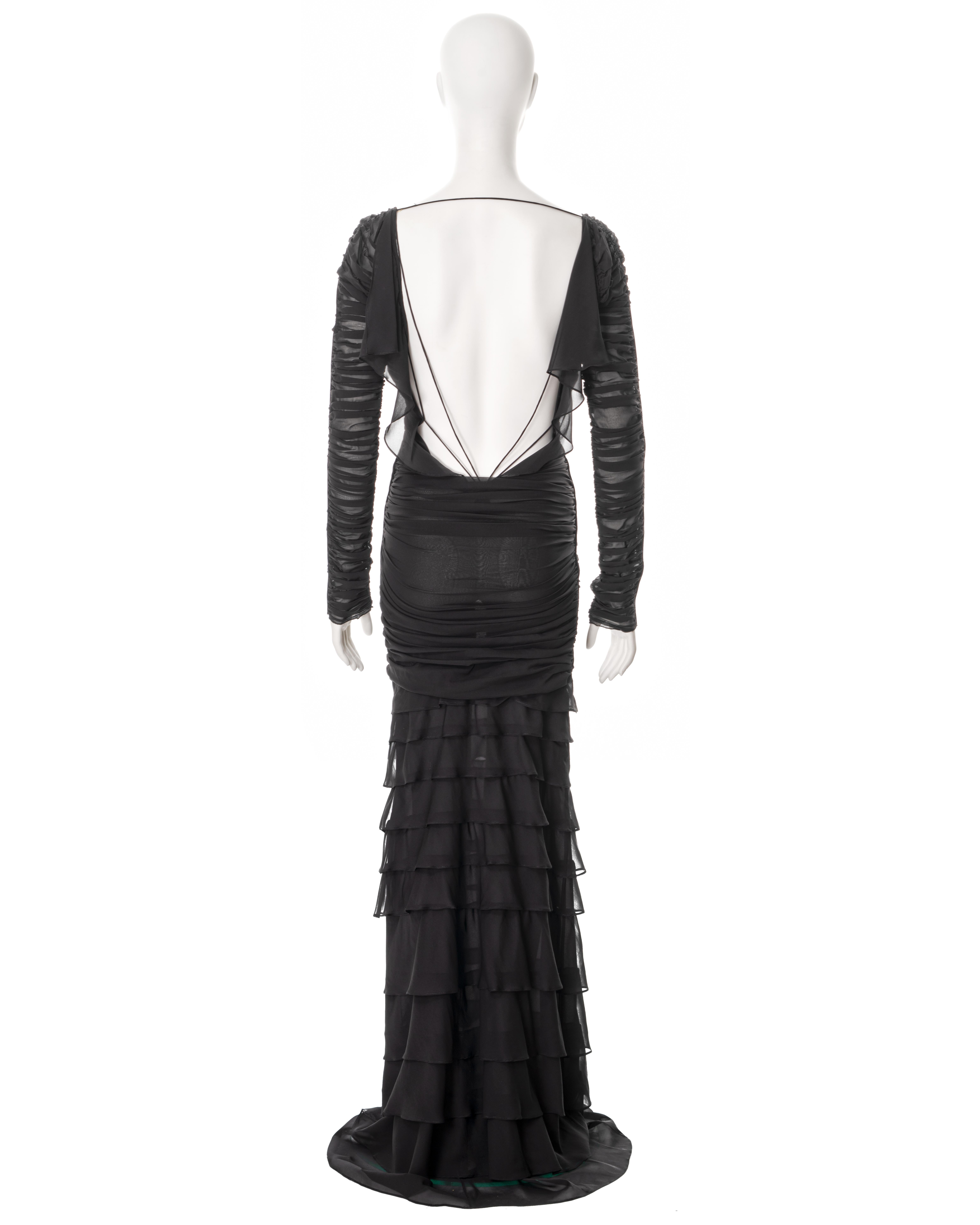 Gucci by Tom Ford black silk ruched evening dress with tired skirt, ss 2003 For Sale 5