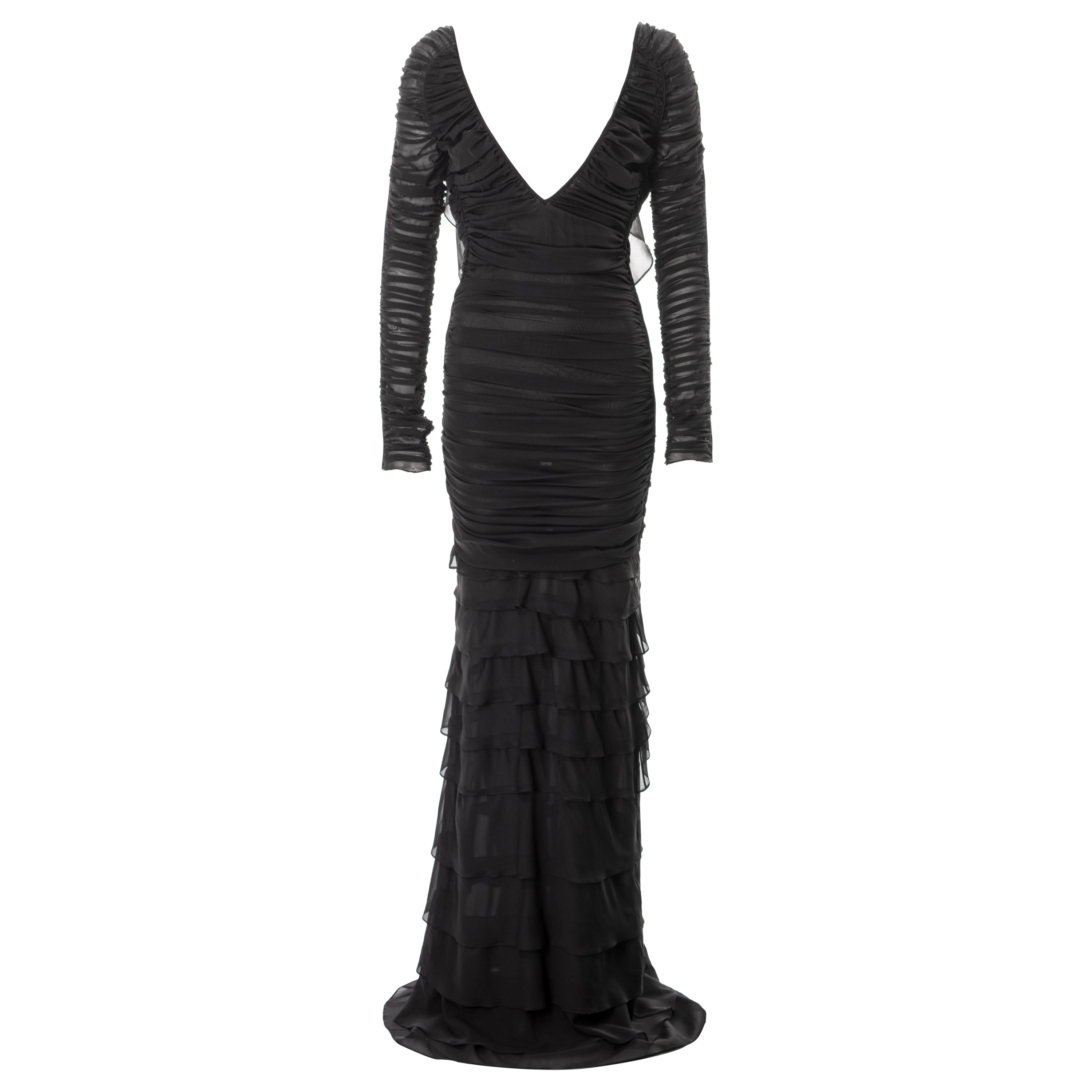 Schwarzes Seiden-Abendkleid mit Rüschen von Gucci by Tom Ford und vollendetem Rock, Frühjahr/Sommer 2003