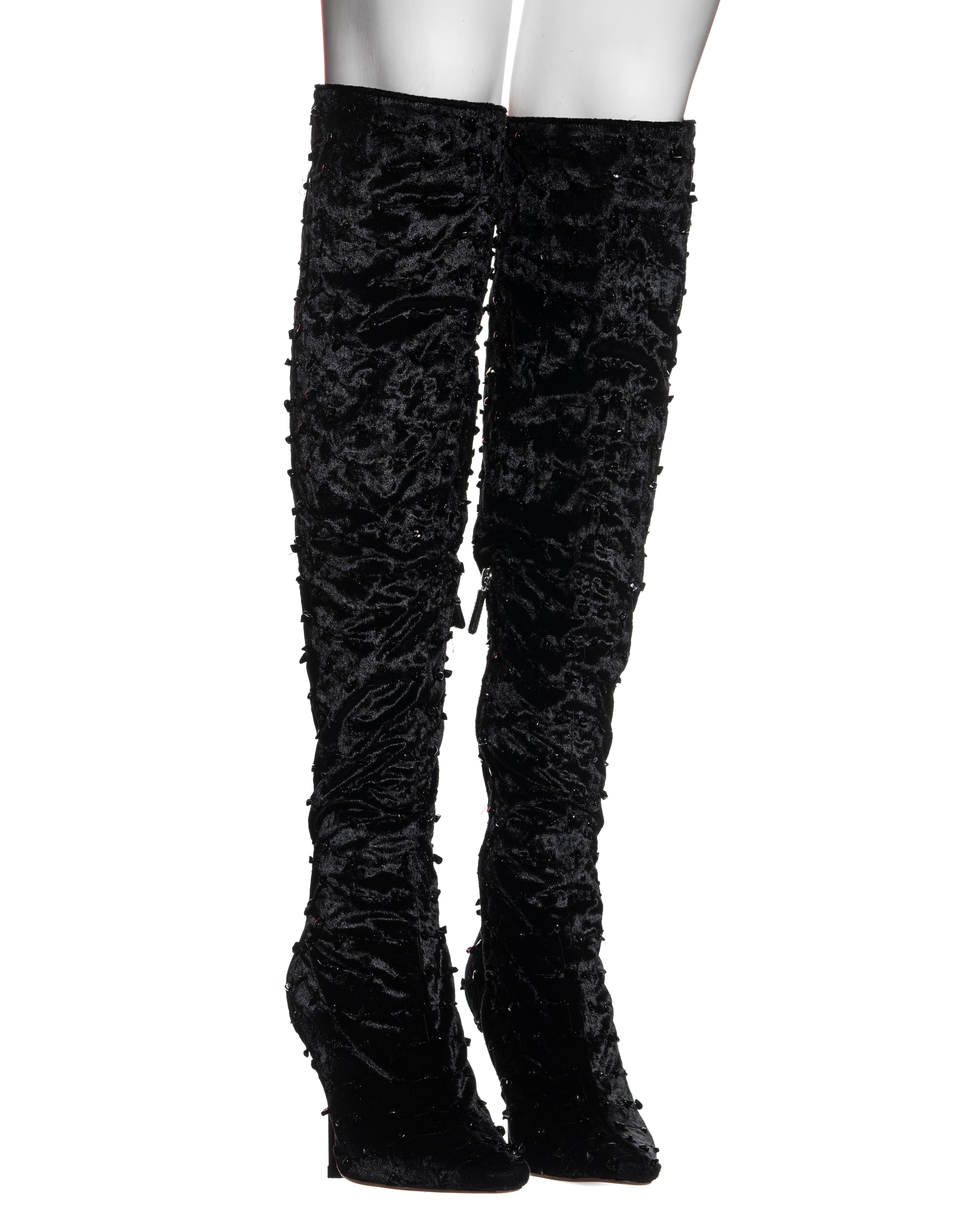 Black Gucci by Tom Ford black velvet beaded over knee evening boots, fw 1999