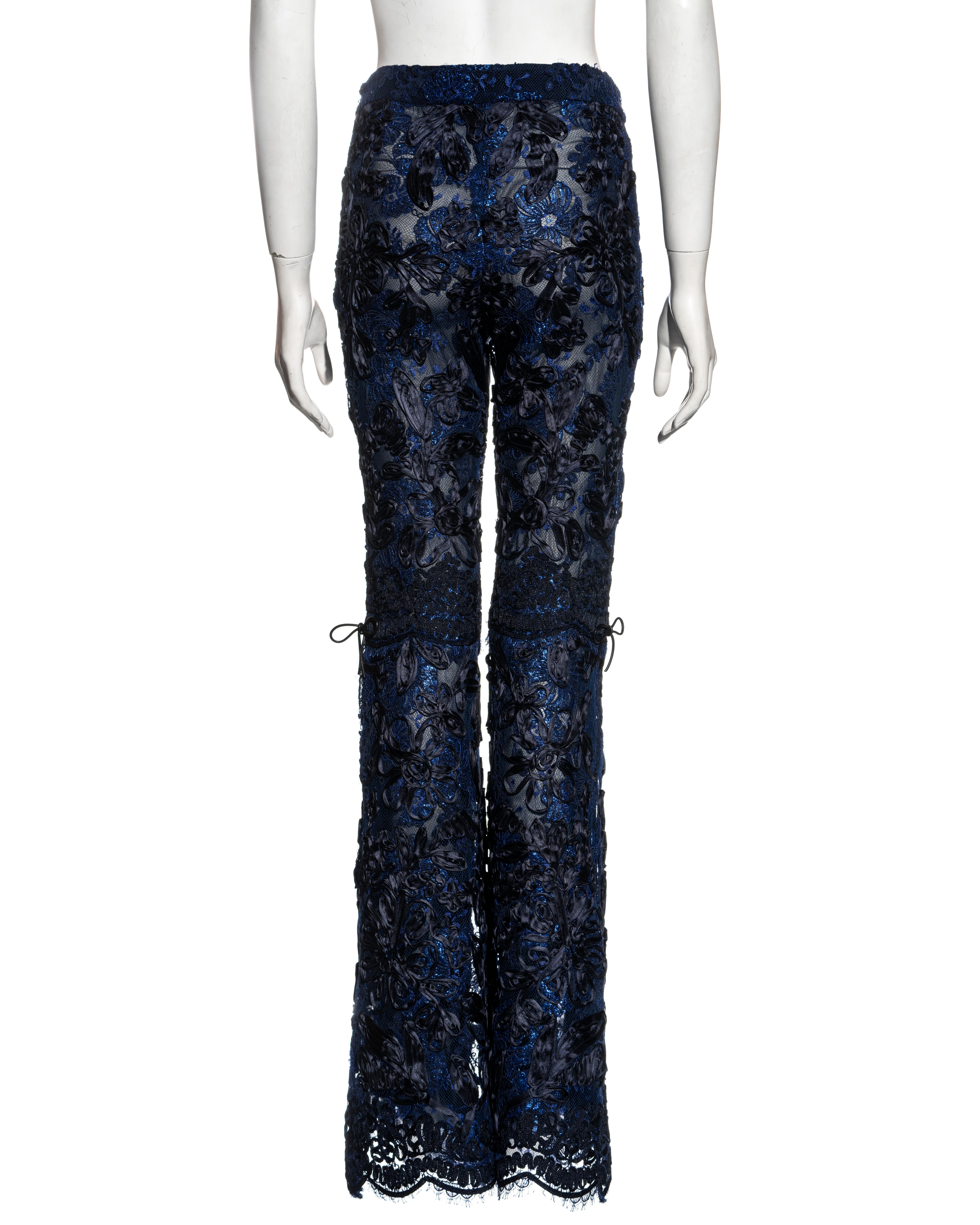 Gucci by Tom Ford blue and black lamé floral lace flared pants, fw 1999 For Sale 4