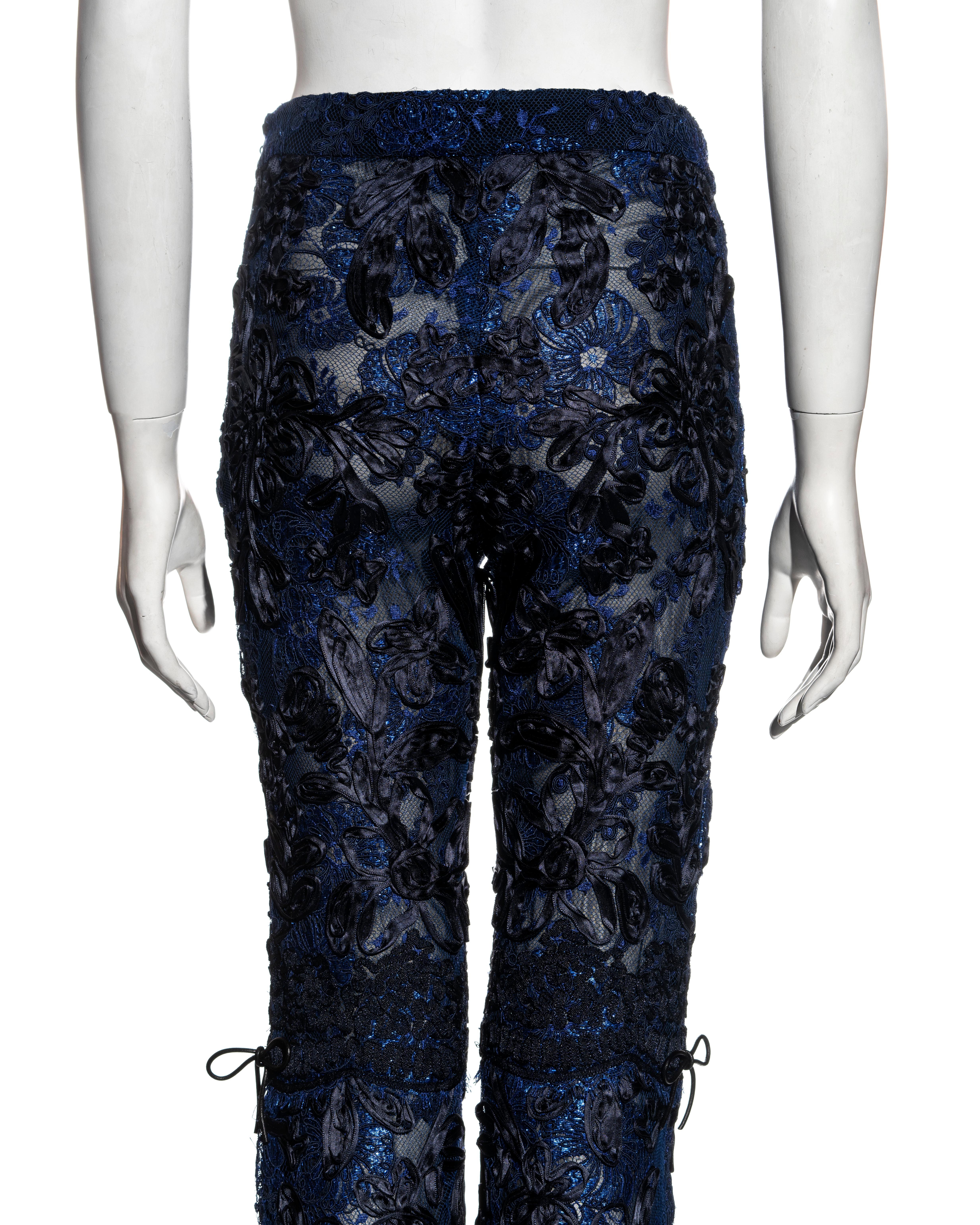 Gucci by Tom Ford blue and black lamé floral lace flared pants, fw 1999 For Sale 5