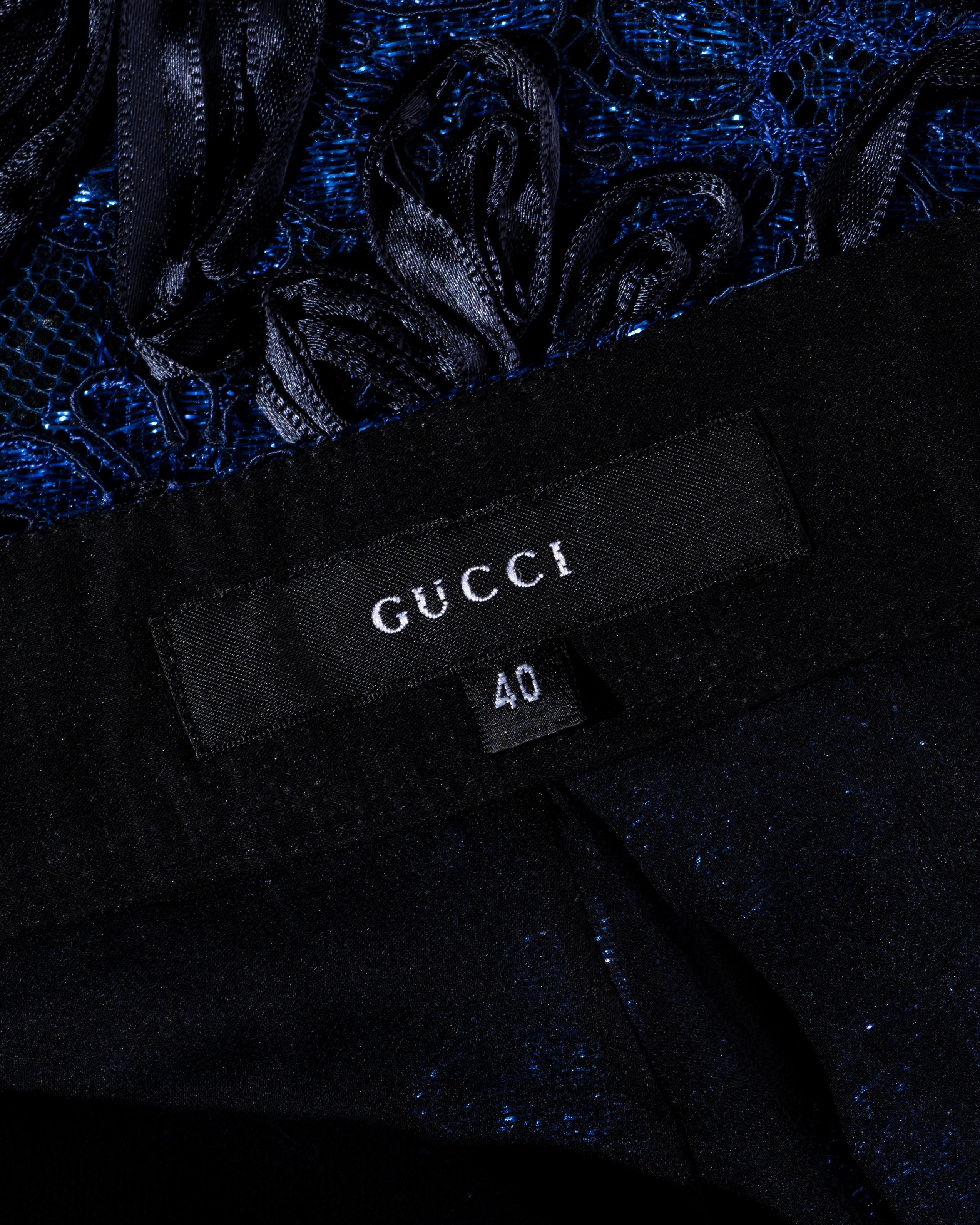 Gucci by Tom Ford blue and black lamé floral lace flared pants, fw 1999 For Sale 6