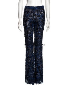 Gucci by Tom Ford blue and black lamé floral lace flared pants, fw 1999