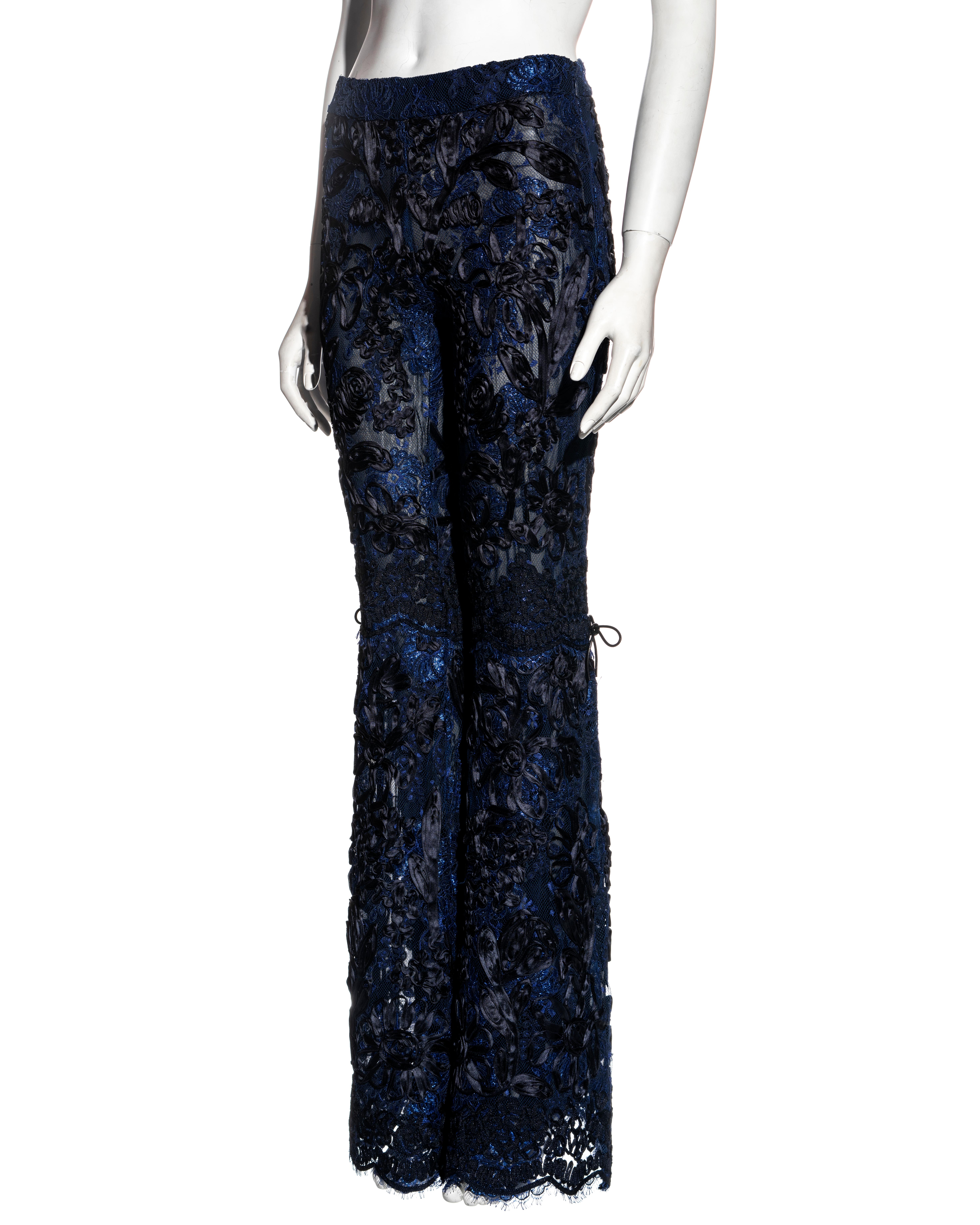 Gucci by Tom Ford blue and black lamé floral lace flared pants, fw 1999 1
