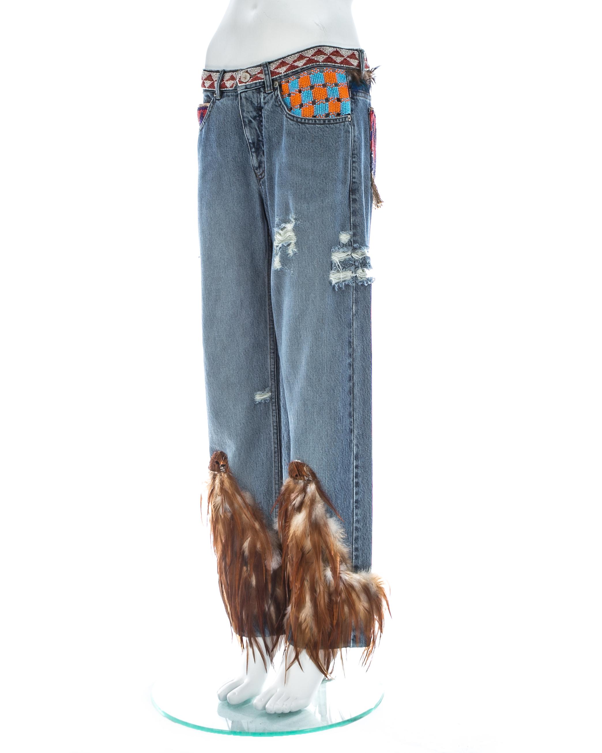 Gucci by Tom Ford blue denim beaded jeans with feathers, ss 1999 In Good Condition In London, London