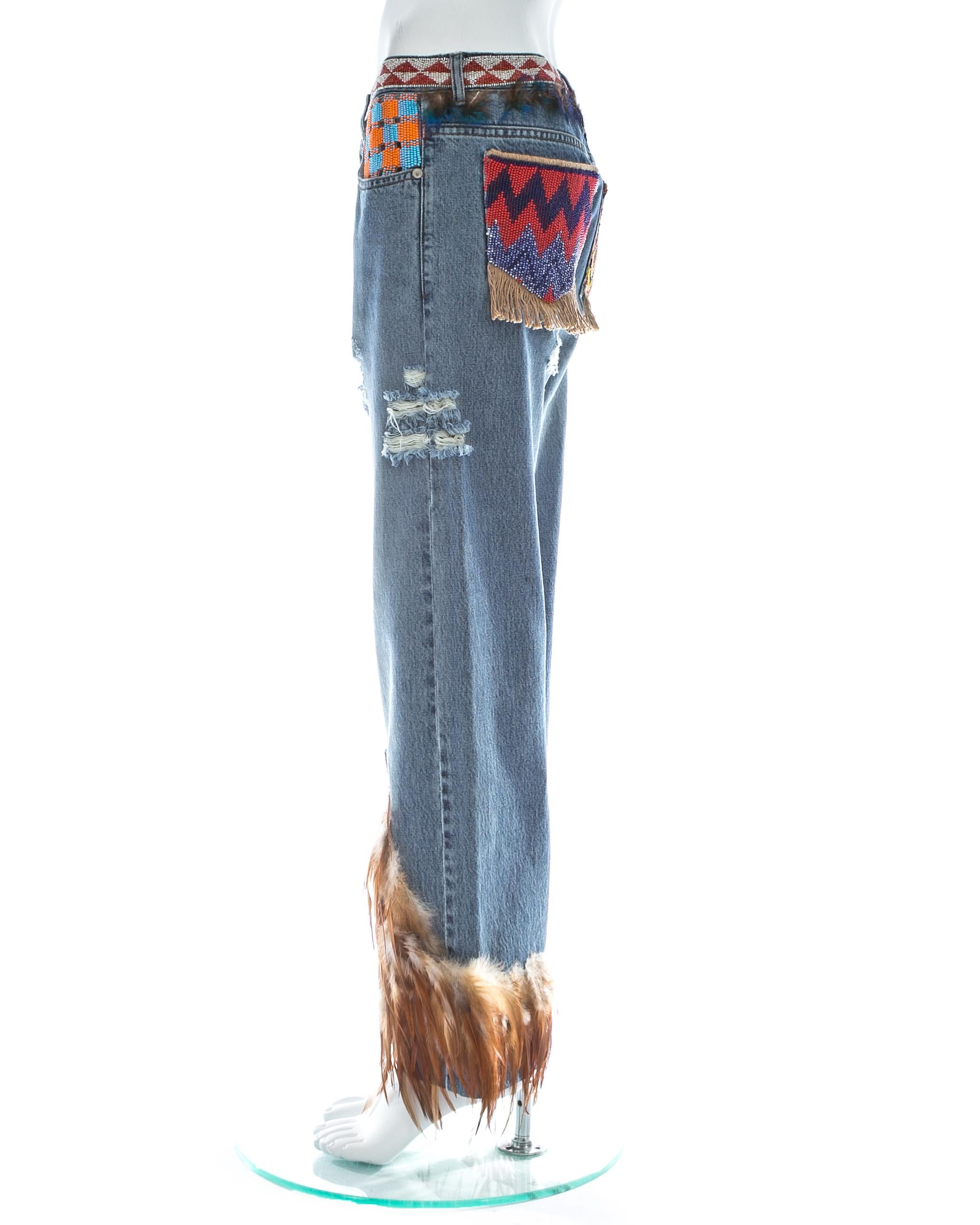 Women's Gucci by Tom Ford blue denim beaded jeans with feathers, ss 1999