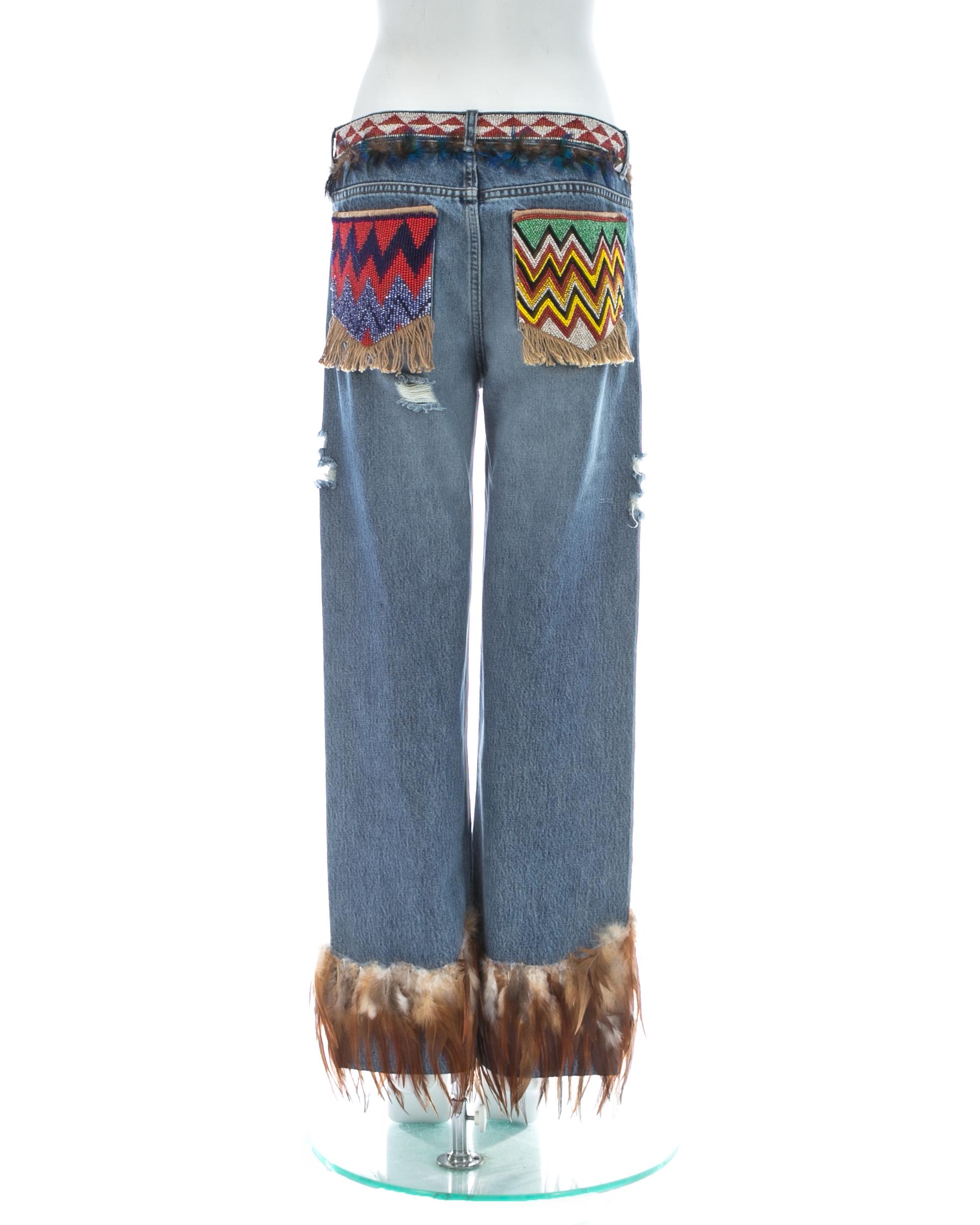 Gucci by Tom Ford blue denim beaded jeans with feathers, ss 1999 1