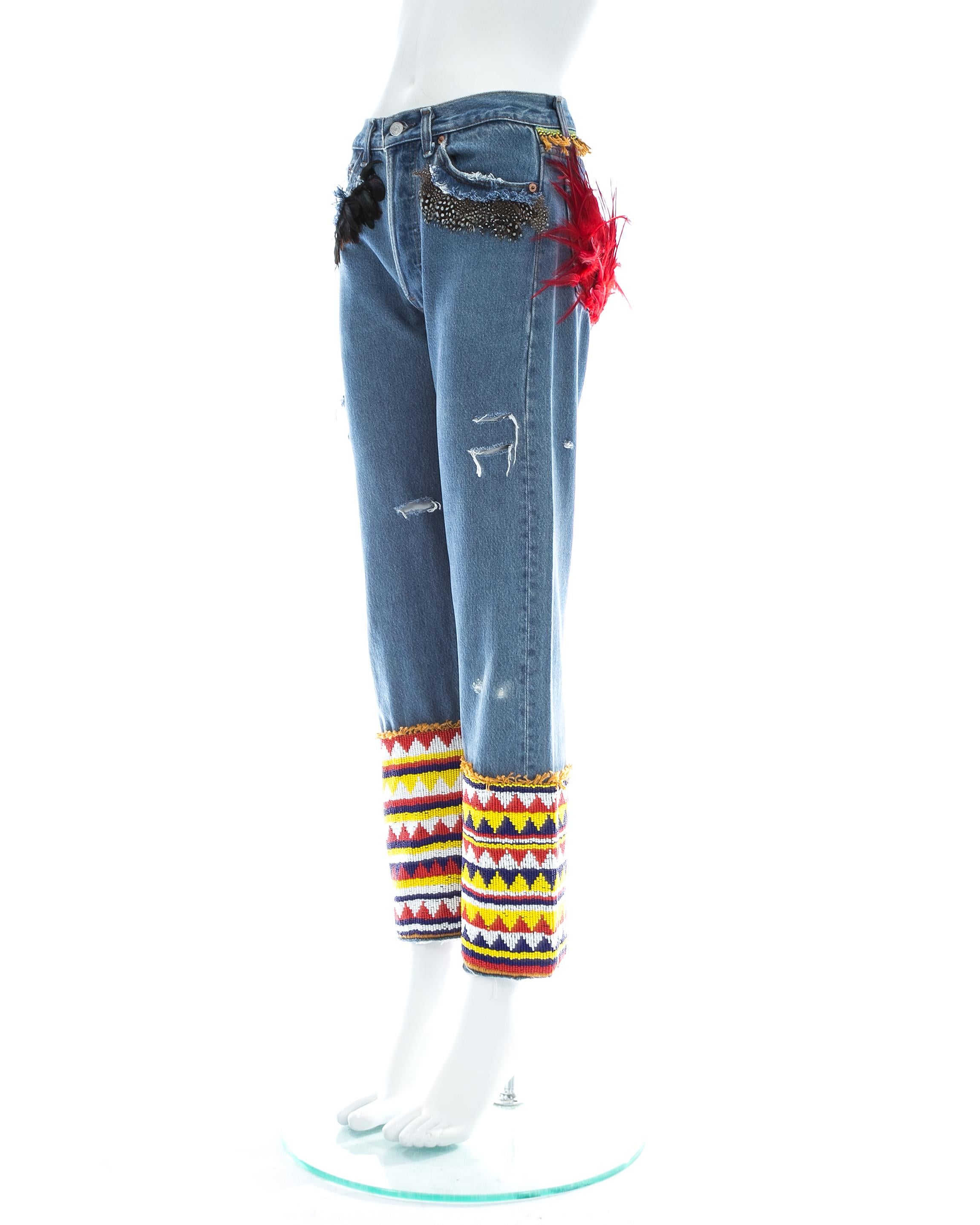 Gucci by Tom Ford blue denim beaded slim-fit jeans with feathers, ss 1999 1