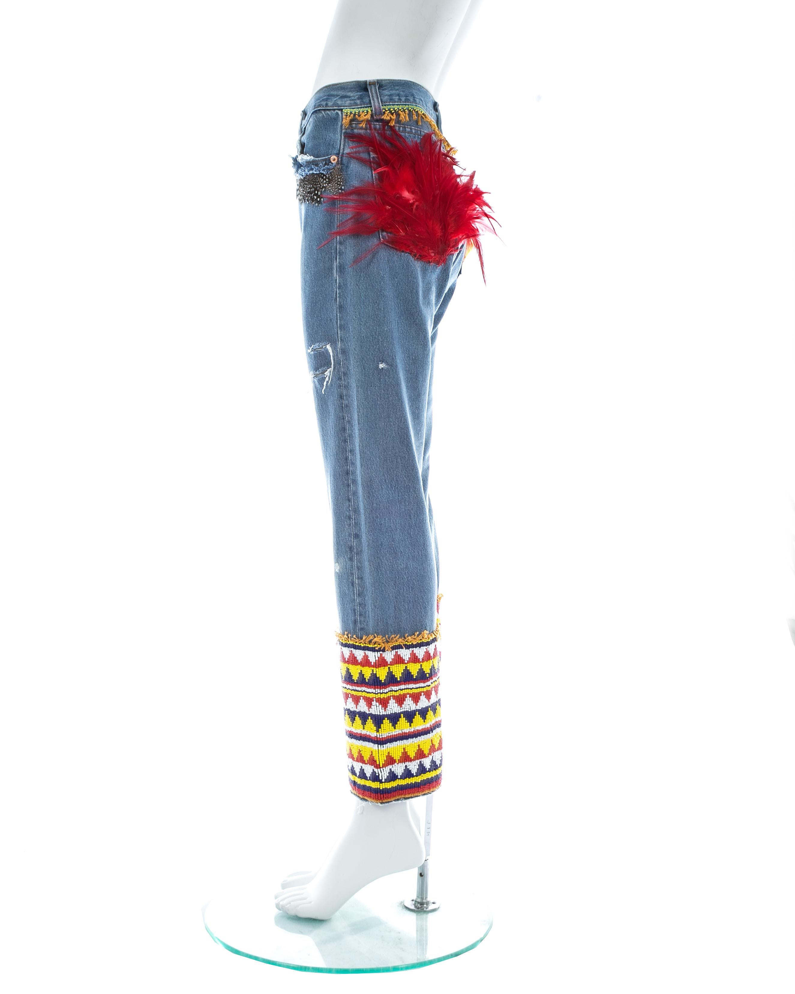 Gucci by Tom Ford blue denim beaded slim-fit jeans with feathers, ss 1999 2