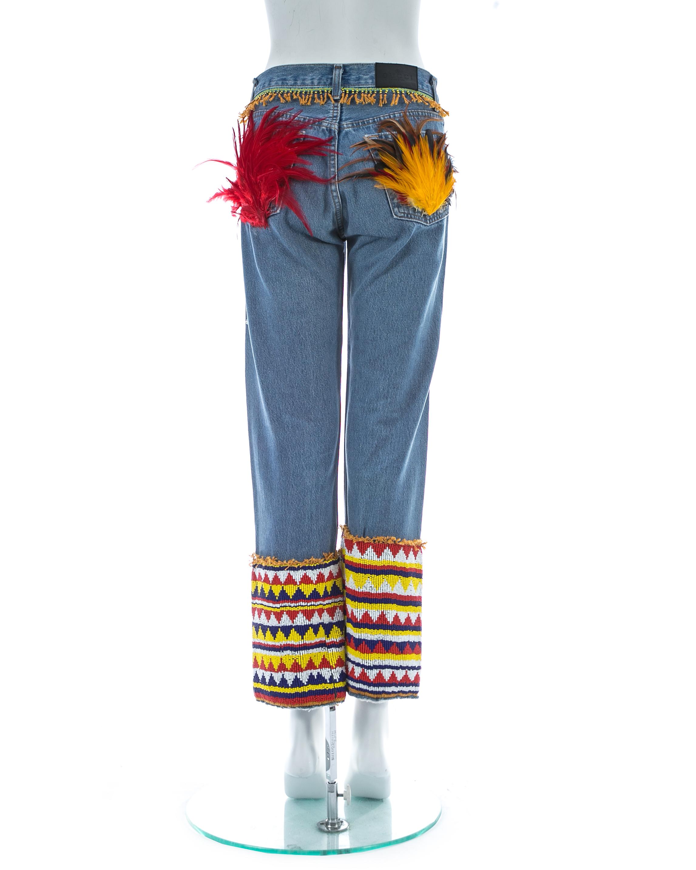 Gucci by Tom Ford blue denim beaded slim-fit jeans with feathers, ss 1999 3