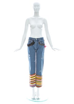 Gucci by Tom Ford blue denim beaded slim-fit jeans with feathers, ss 1999