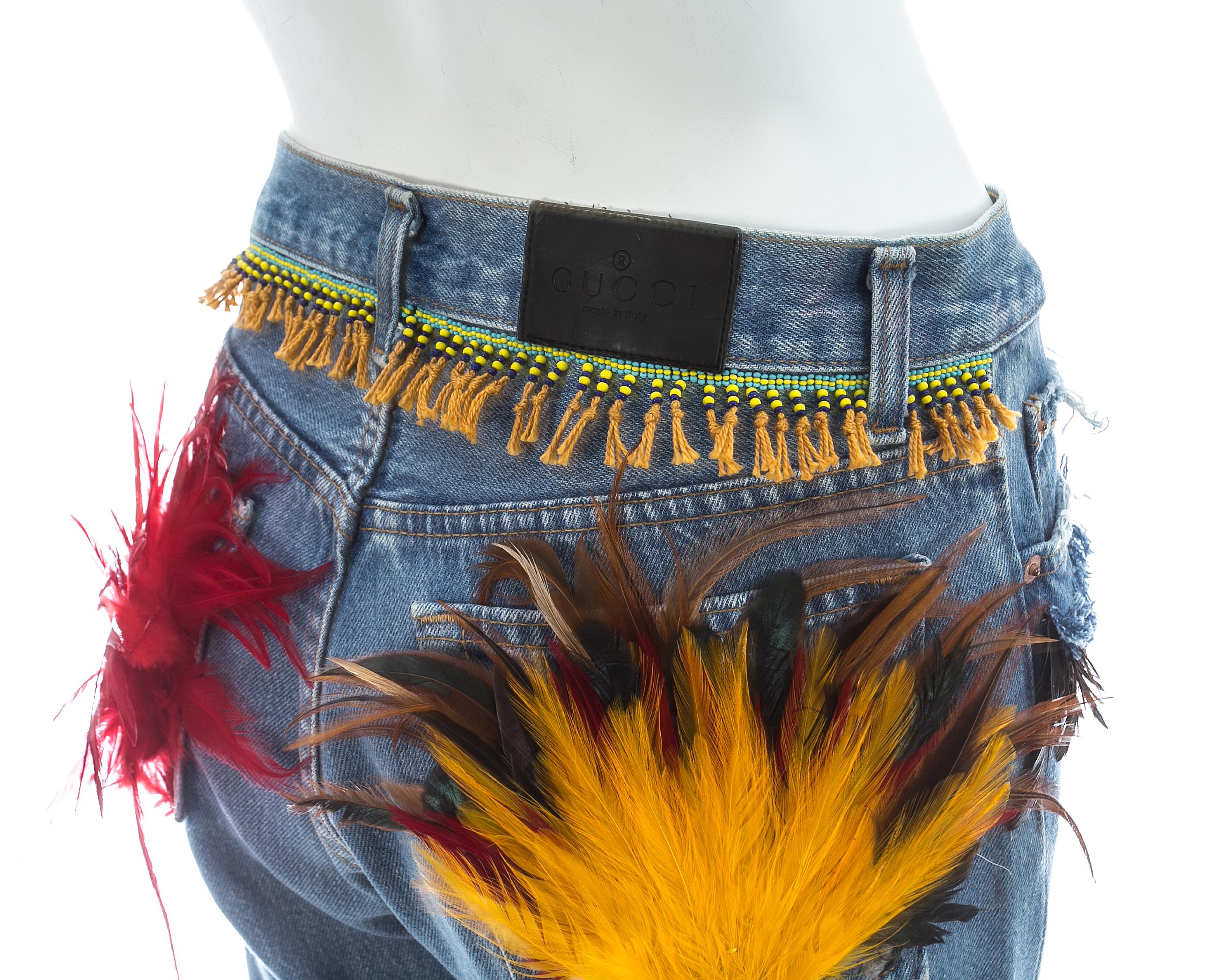 Gucci by Tom Ford blue denim beaded slim-fit jeans with feathers, ss 1999 1