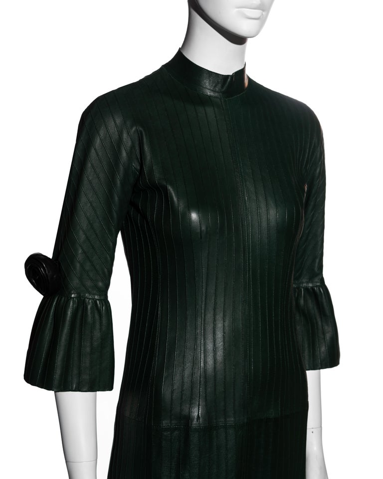 Gucci by Tom Ford bottle green pintuck leather shift dress, fw 1999 For Sale 1