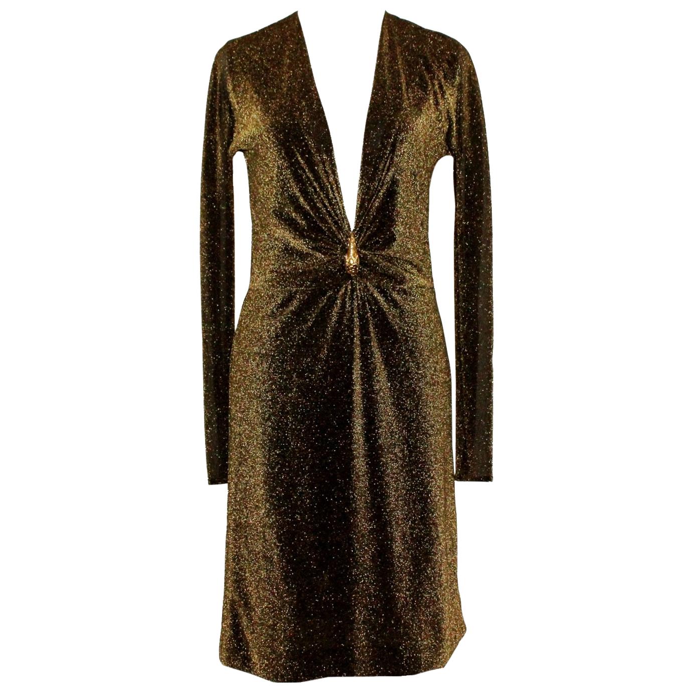 UNWORN Gucci By Tom Ford 2000 Metallic Deep Plunging Evening Dress 42 For Sale