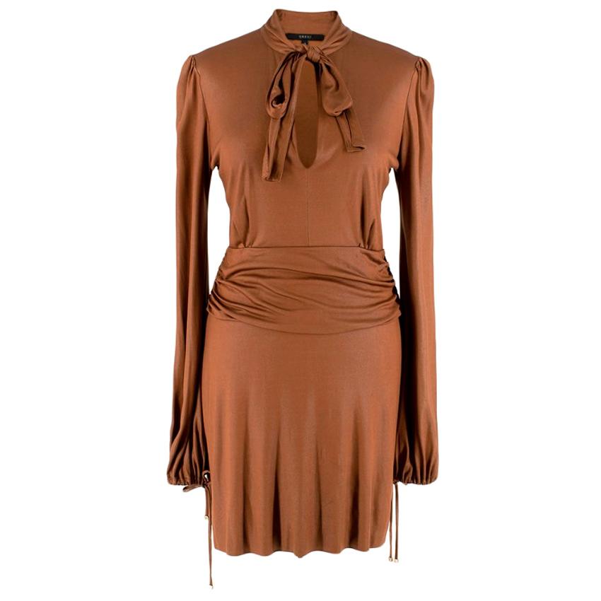 Gucci by Tom Ford Bronze Ruched Pussy Bow Mini Dress - Size S For Sale
